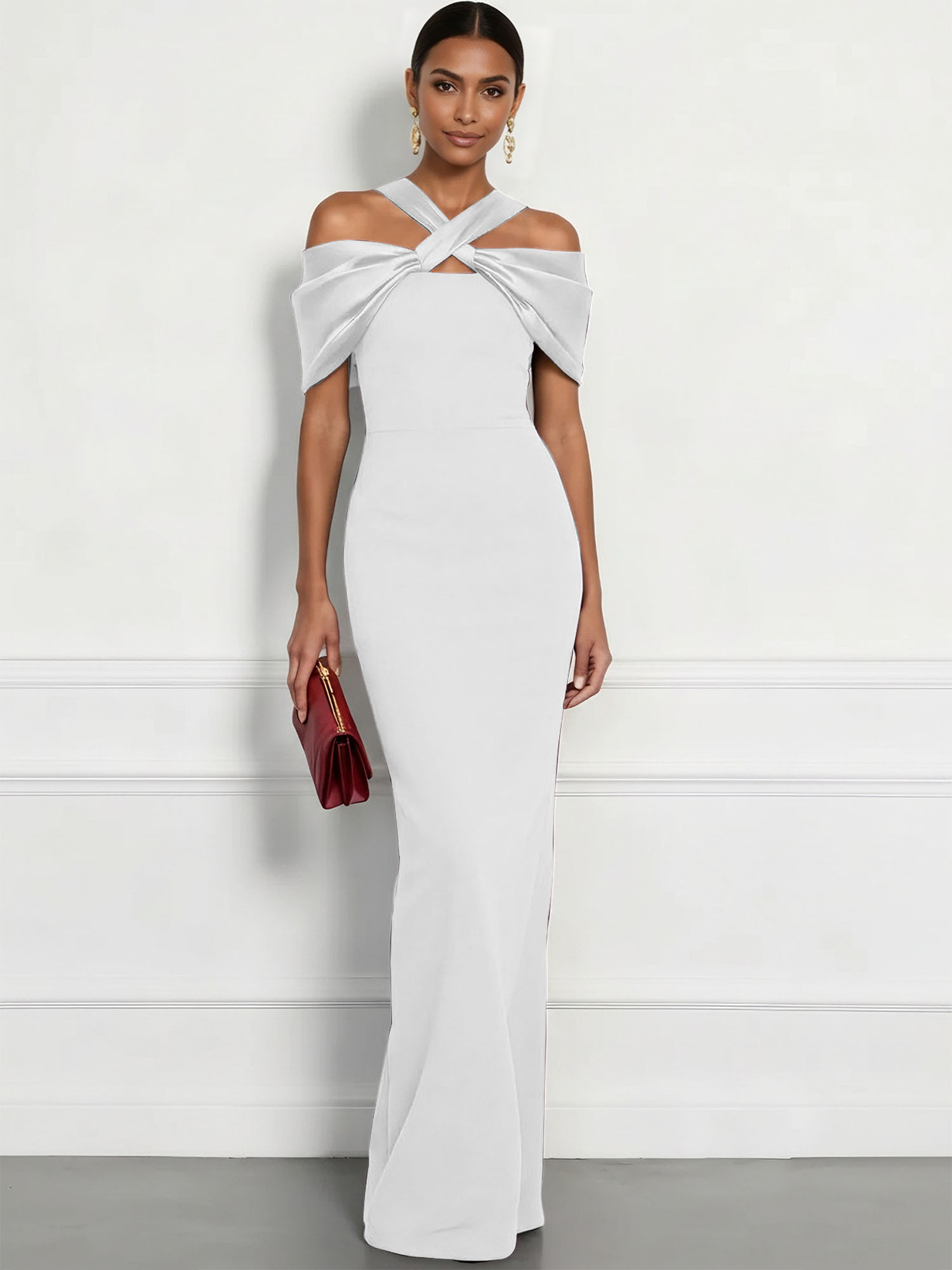  Regal Plum Crepe Column Gown with Satin Criss-Cross Halter Maxi Dress