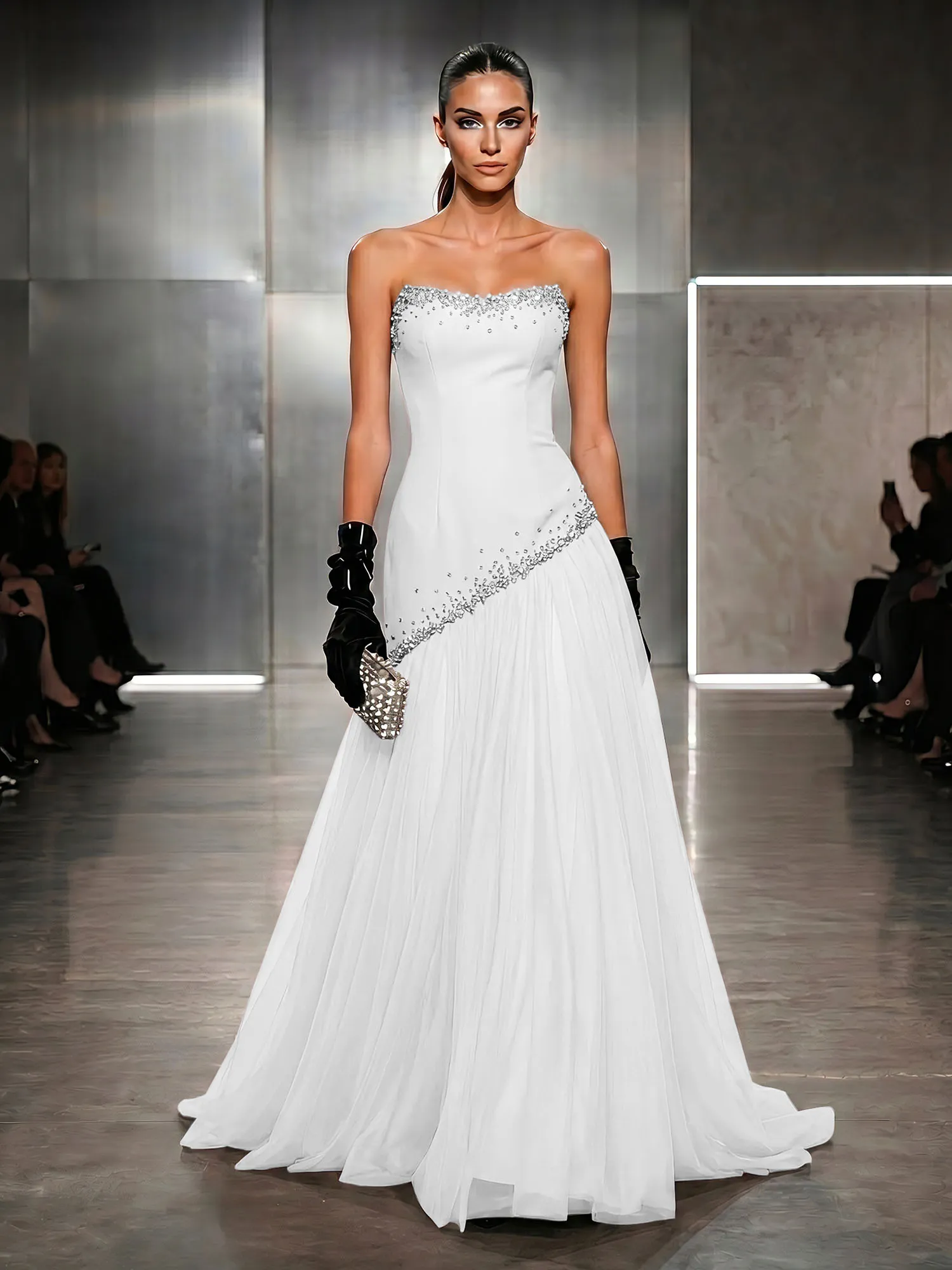 Strapless Tulle Beaded Corset Evening Gown Maxi Dress