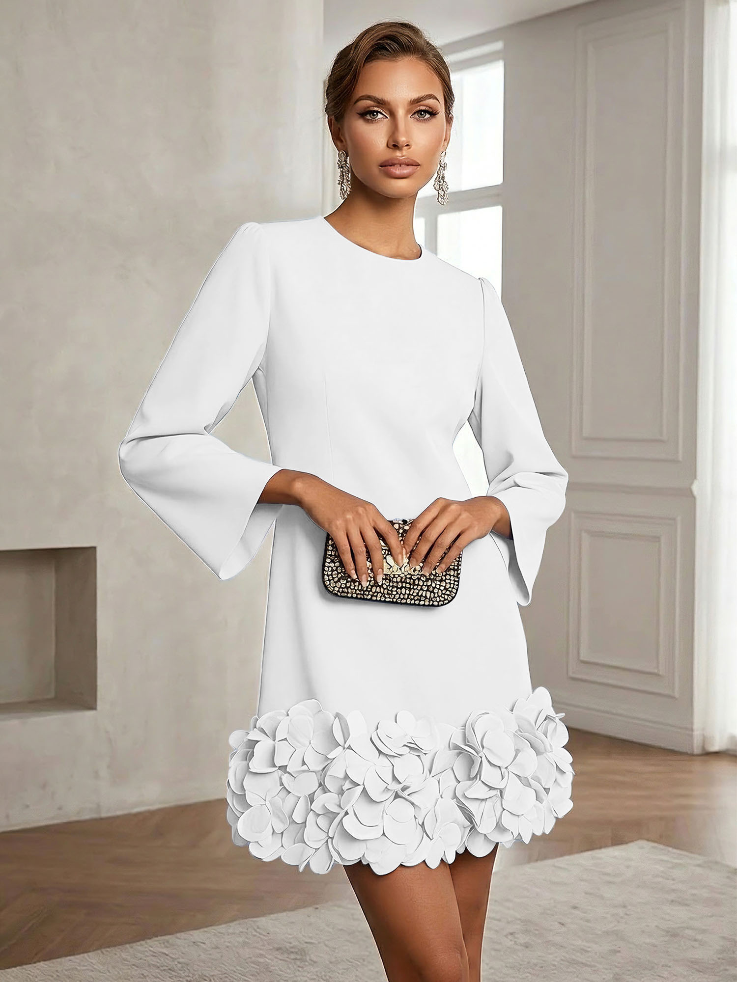 Powder Blue 3D Floral Classic Crew Neck Bell Long Sleeve Shift Mini Dress