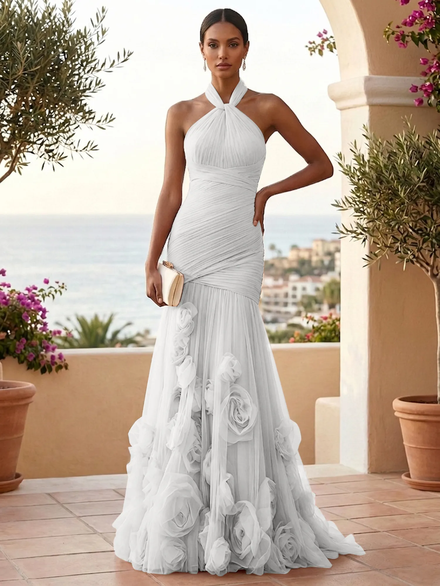 Halter Neck Ruched Tulle Mermaid Gown with 3D Floral Appliqués