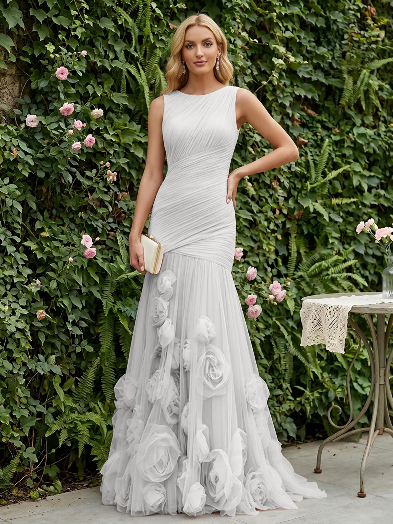 Round Neck Ruched Tulle Mermaid Gown with 3D Floral Appliqués