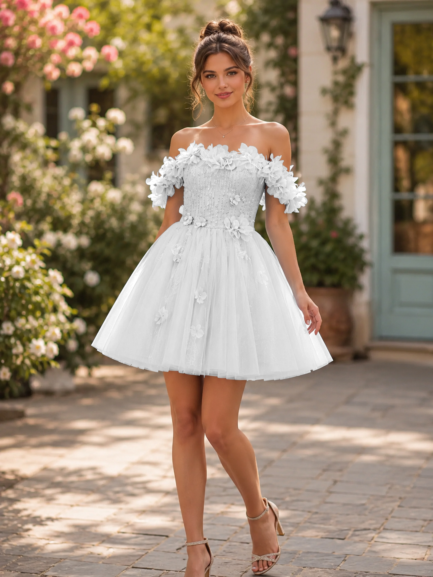 Enchanting Blue Floral Off-Shoulder Corset Homecoming Dress for a Fairytale Aesthetic 
