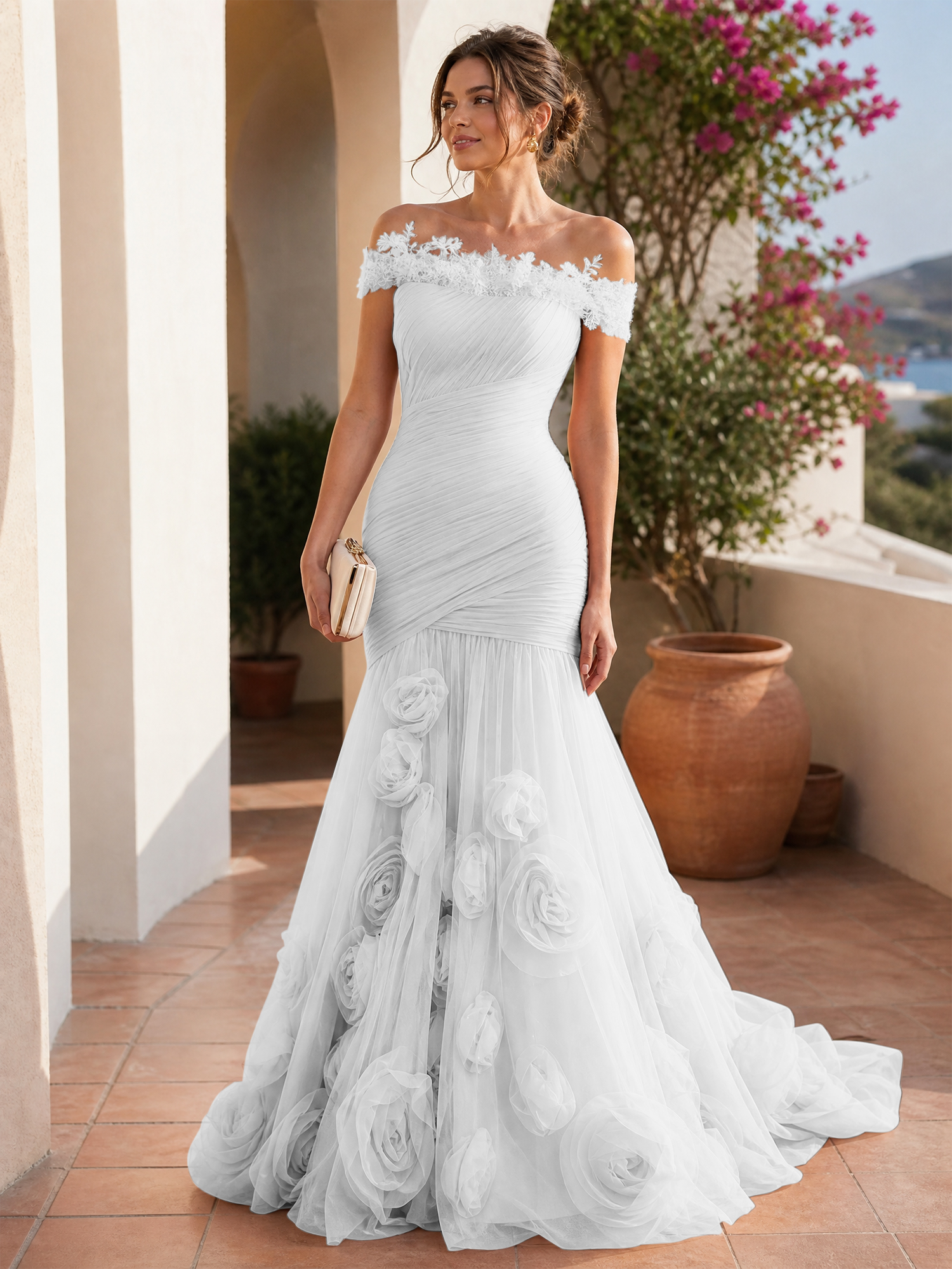 Romantic Blushing Rose Off-the-Shoulder Mermaid Formal Evening Dress 