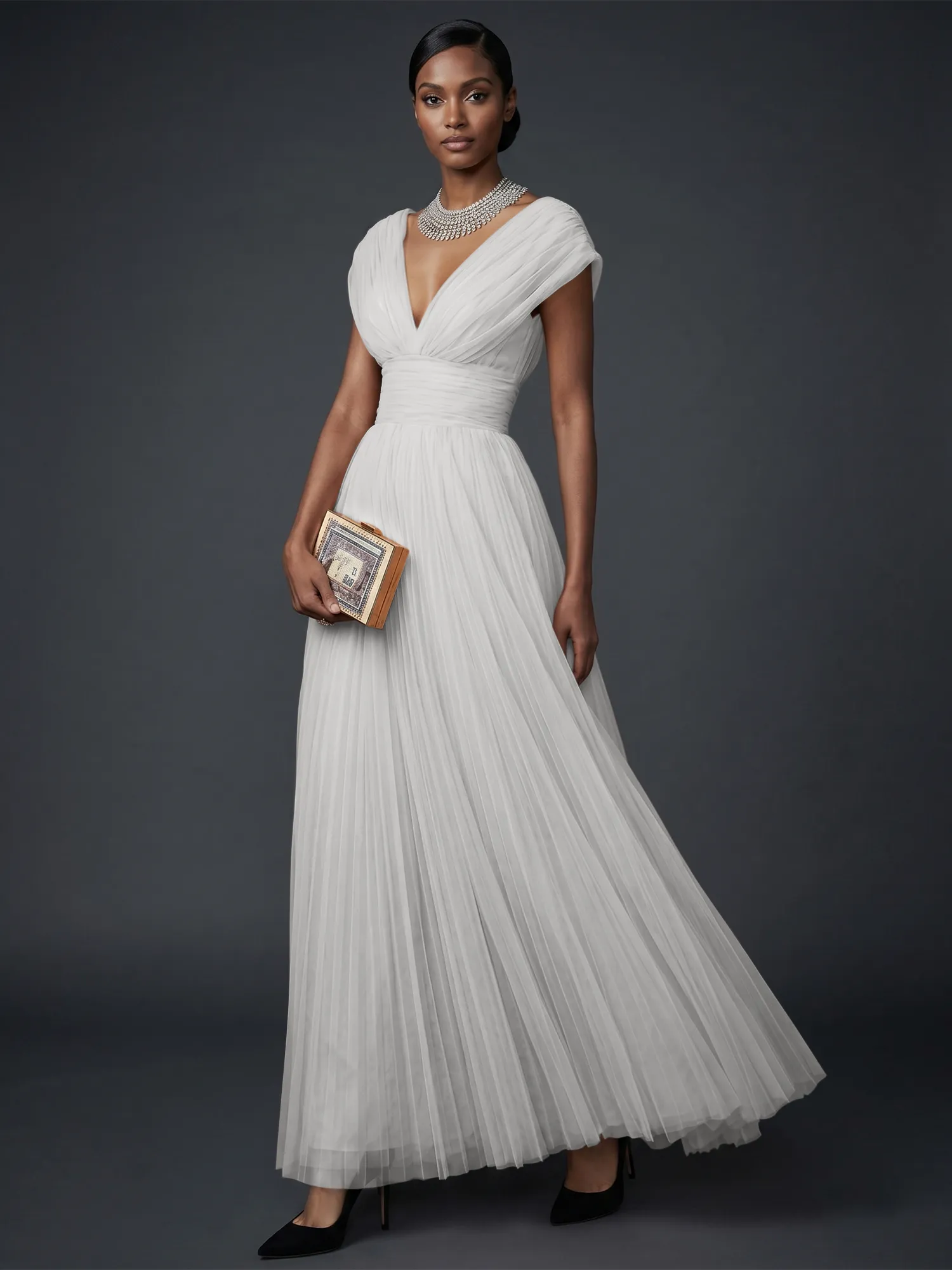 Draped V-Neck Pleated Tulle Evening Gown Maxi Dress