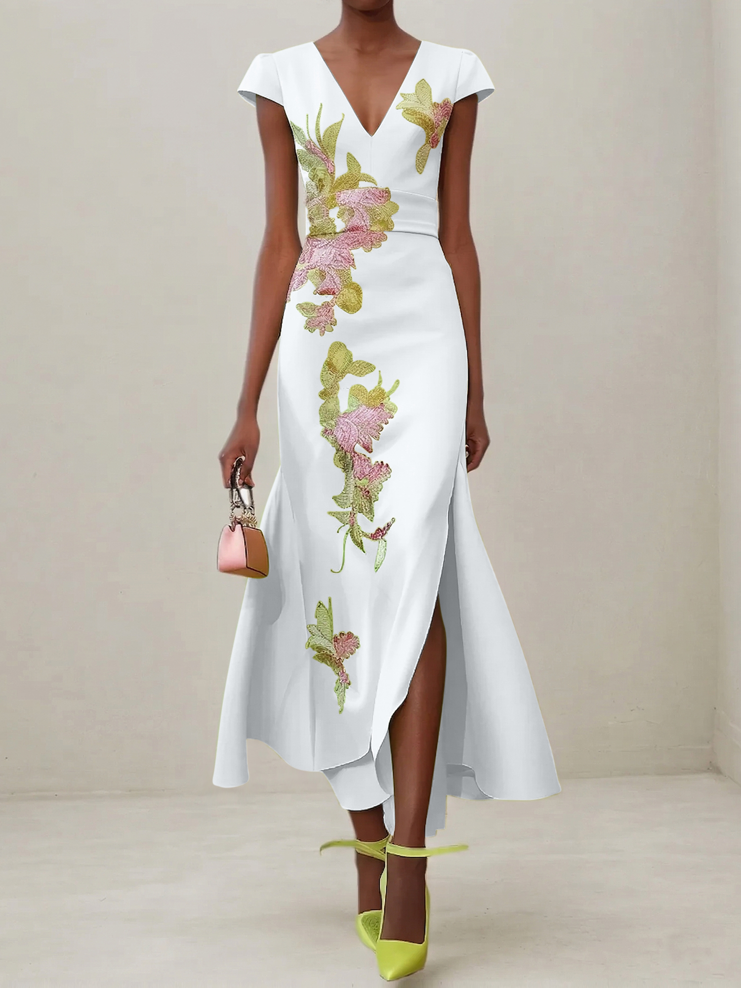 Elegant V-Neck Cap Sleeve Satin Midi Gown with Floral Embroidery & High Slit