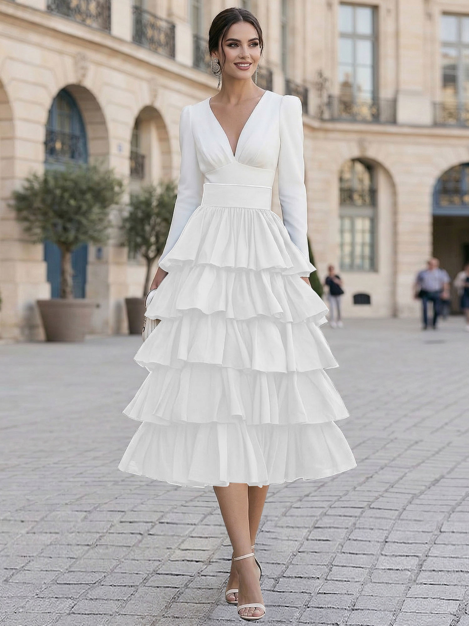 Elegant V-Neck Long Sleeve Tiered Ruffle Midi Dress with Contrast Waistband