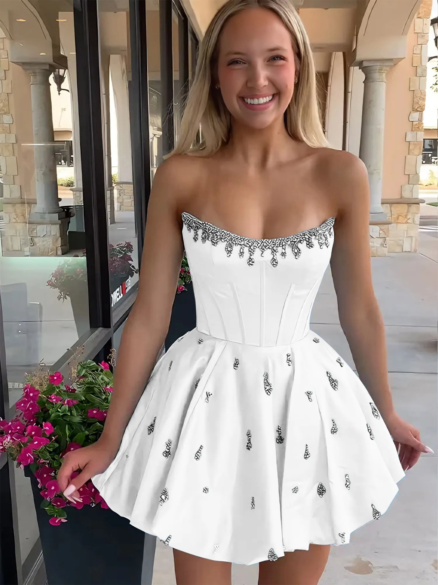 Strapless Beaded Corset Lace-Up Back Satin Homecoming Dress