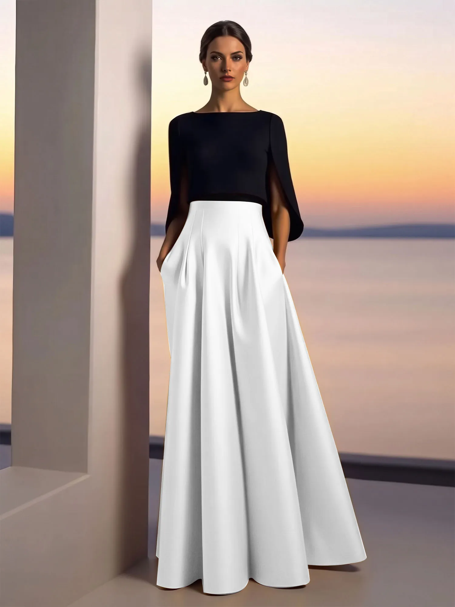 Two-Piece Cape Sleeve Satin Ball Gown Evening Dress