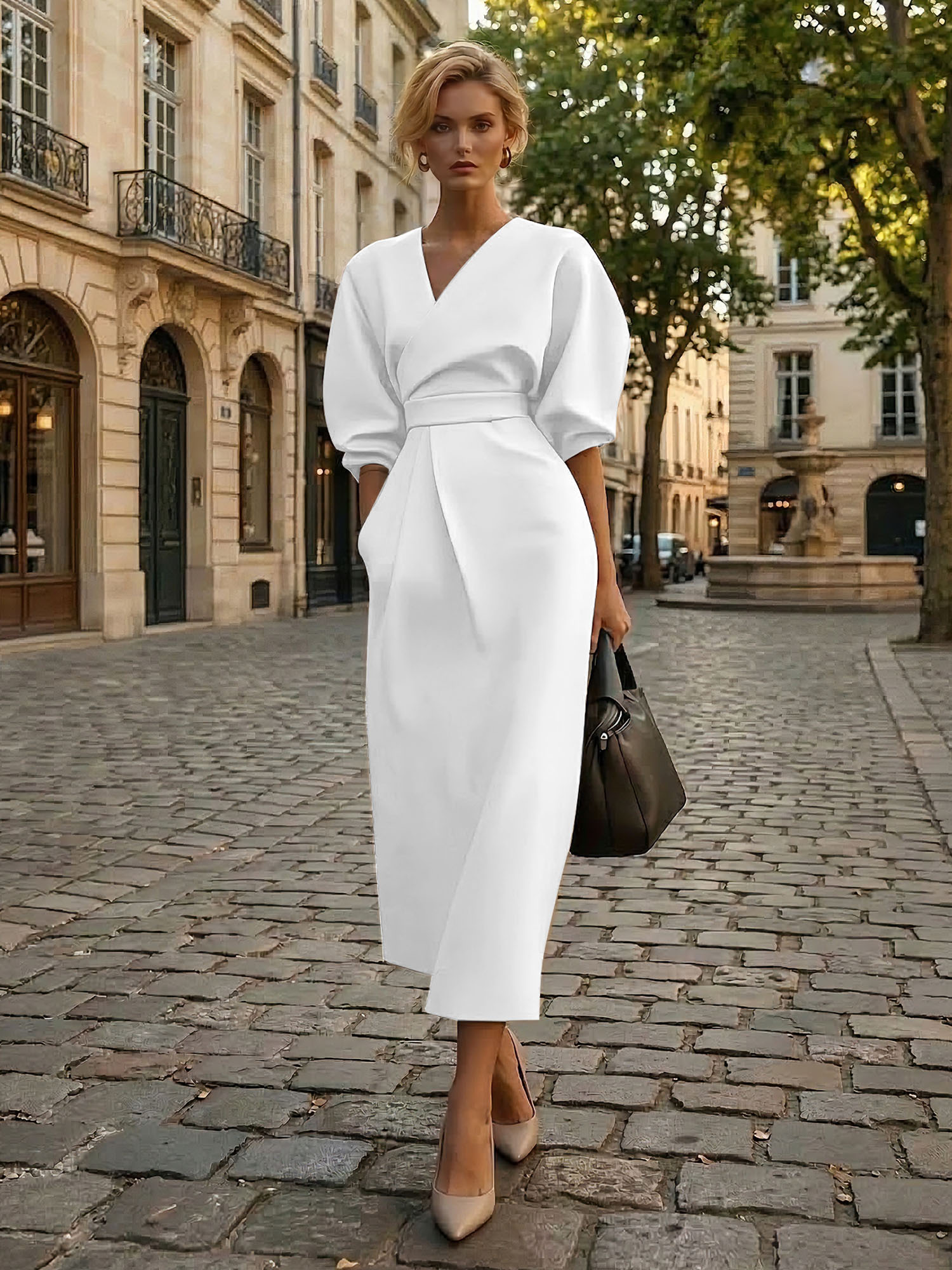 Sophisticated Camel V-Neck Balloon Sleeve Midi Dress Evening Gown