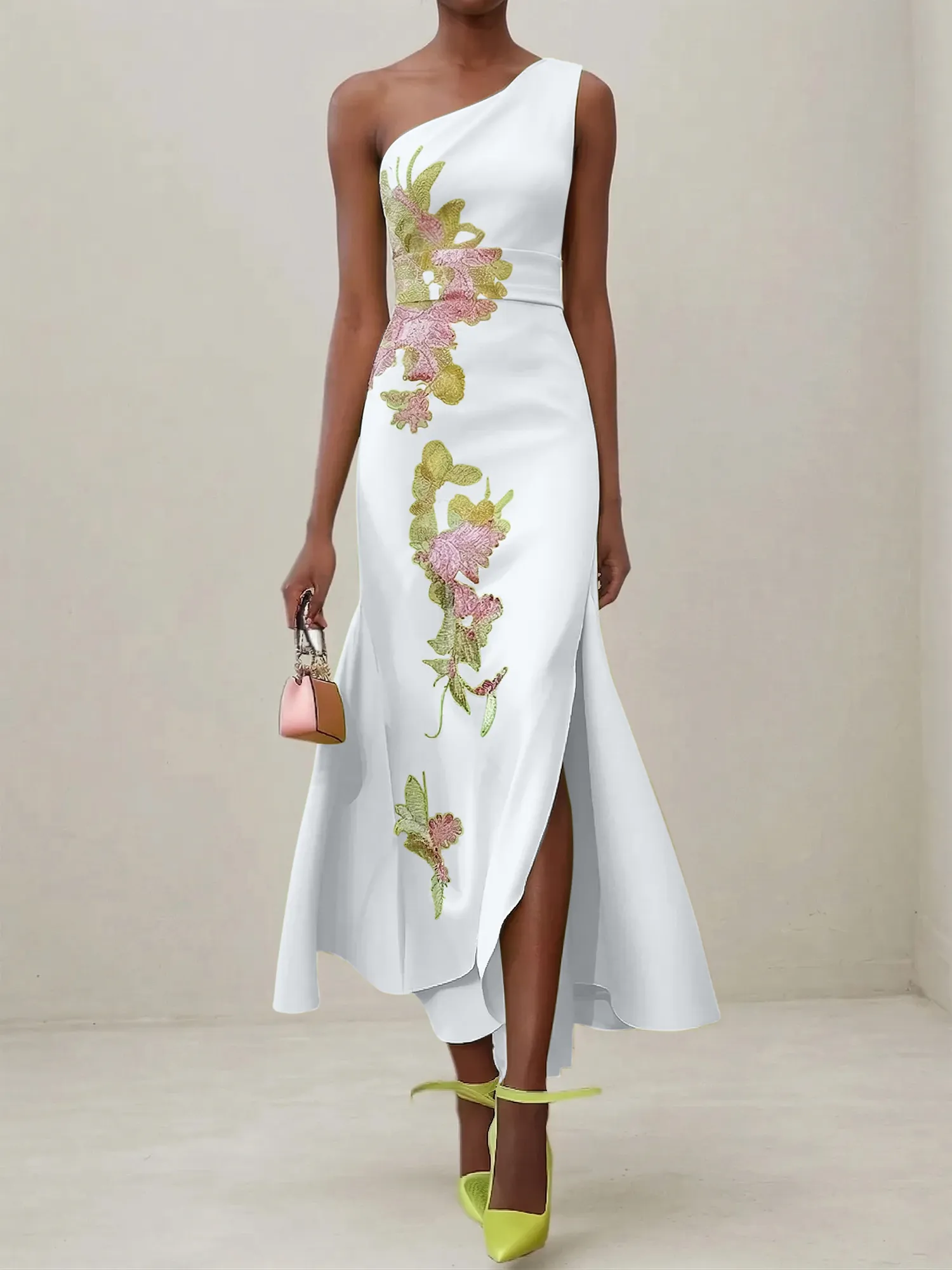 Elegant One Shoulder Cap Sleeve Satin Midi Gown with Floral Embroidery & High Slit