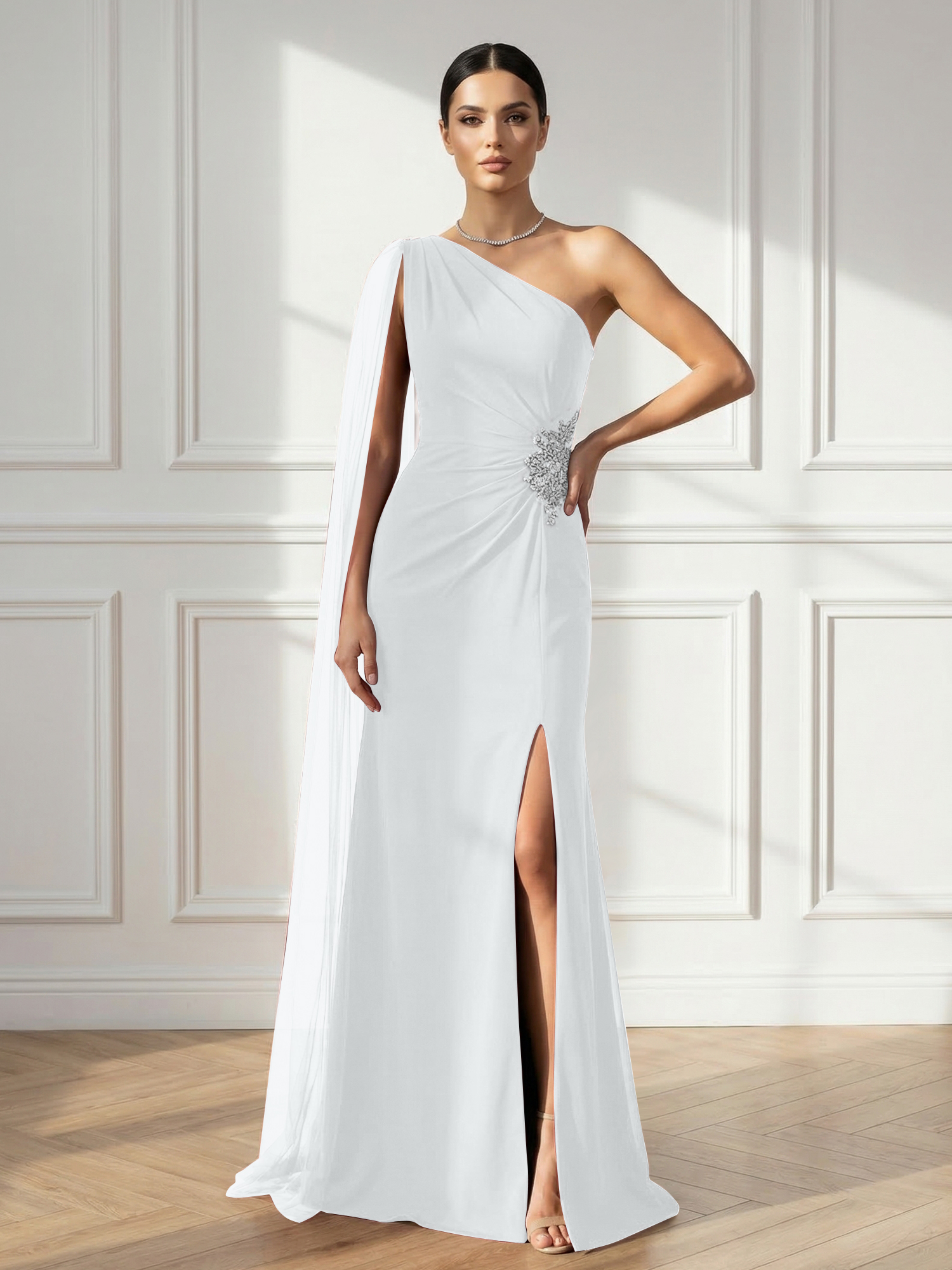 Formal Evening Dress Burgundy One Shoulder Slit Maxi Dress Gown