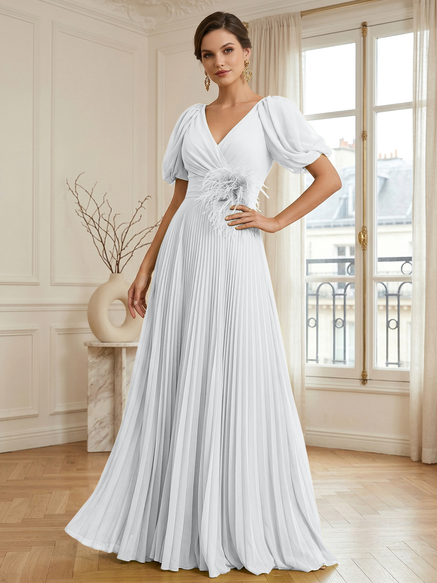 A-Line Chiffon Evening Gown with Feather V-Neck Short Sleeves Formal Dress