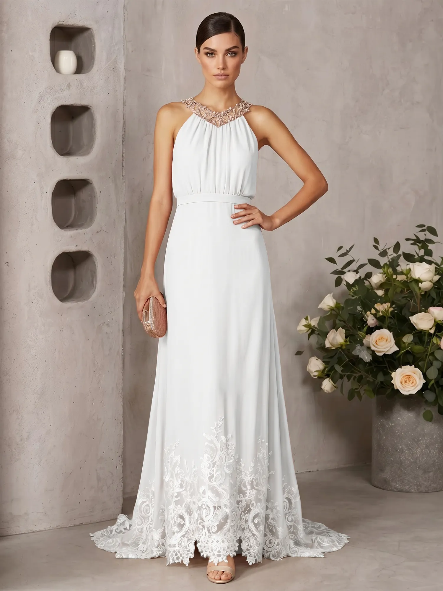 Halter Neck Beaded Chiffon Gown with Lace Hem
