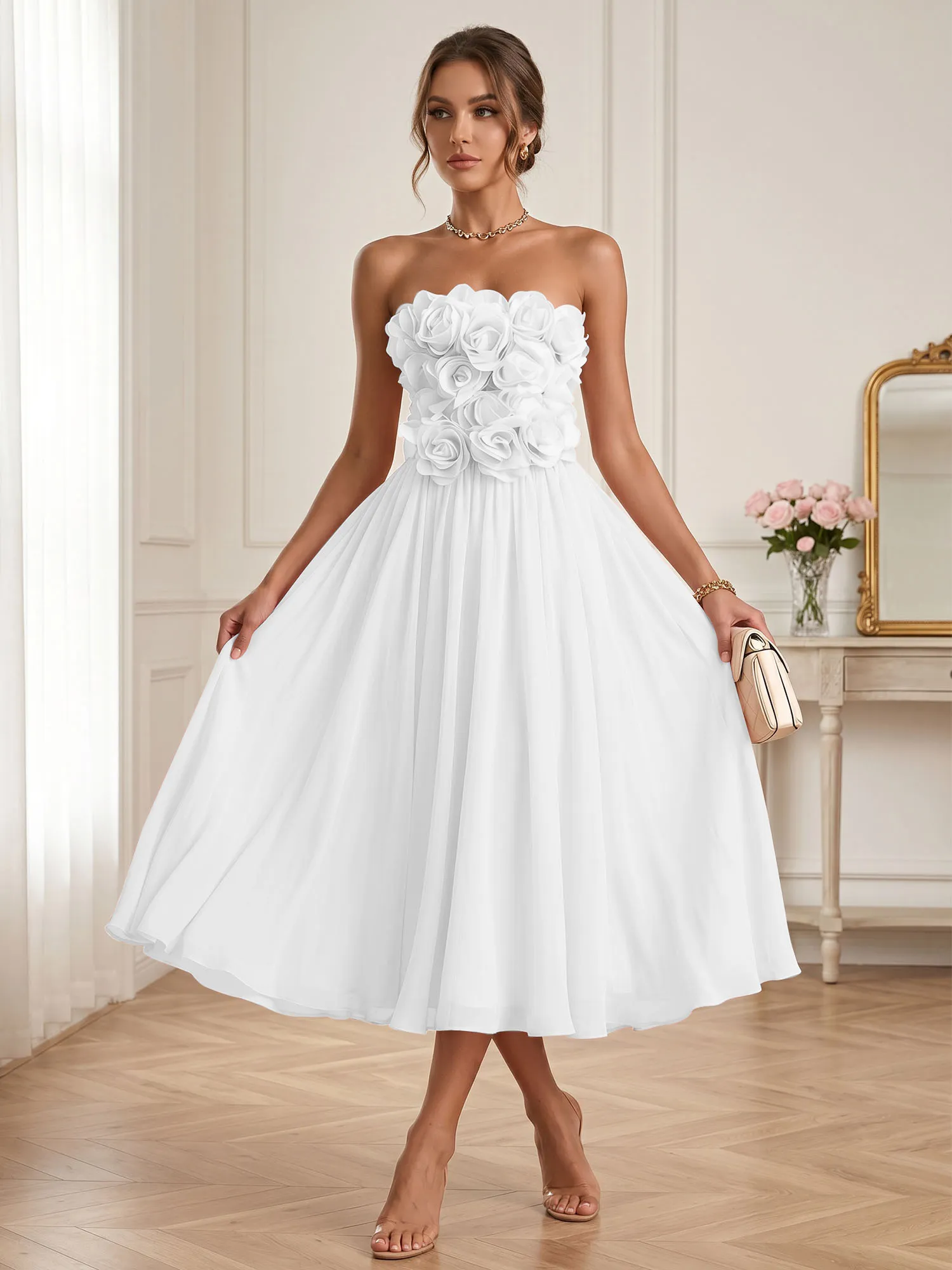 Strapless 3D Floral Chiffon A-Line Midi Formal Dress
