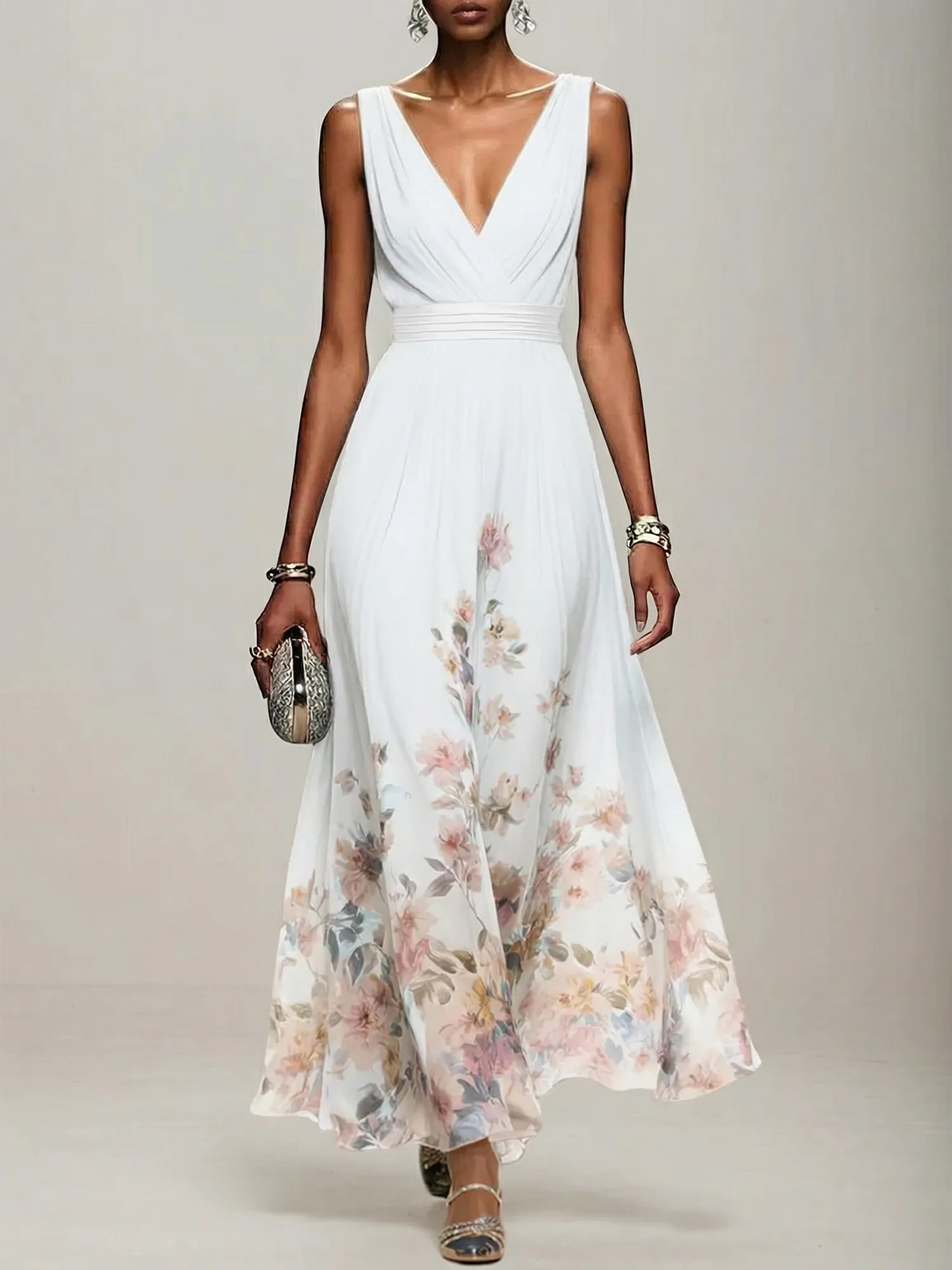 V-Neck Floral Print Chiffon Maxi Evening Dress with Satin Waist Bow