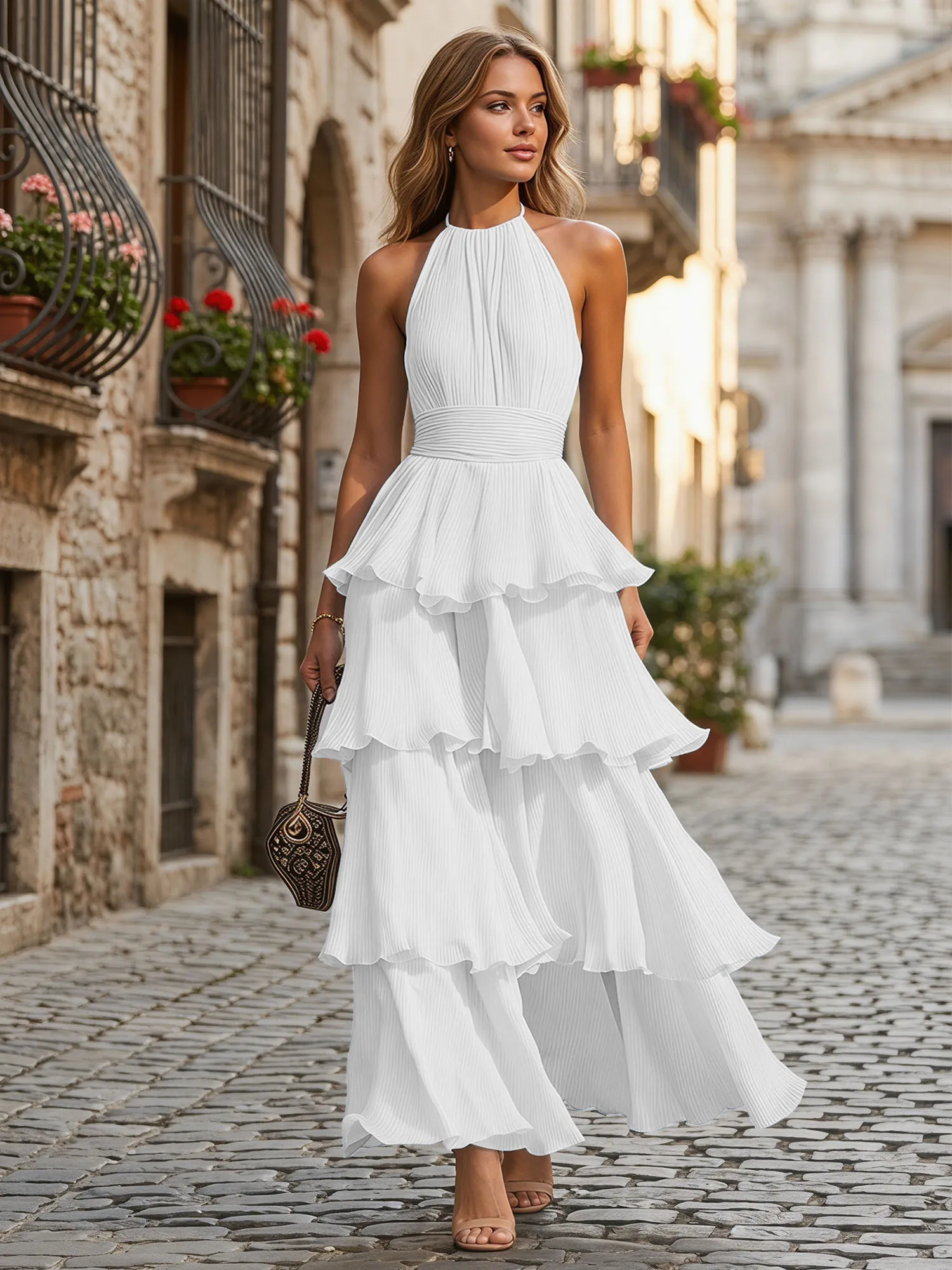 A Line Halter Neck Tiered Ruffle Chiffon Evening Dress
