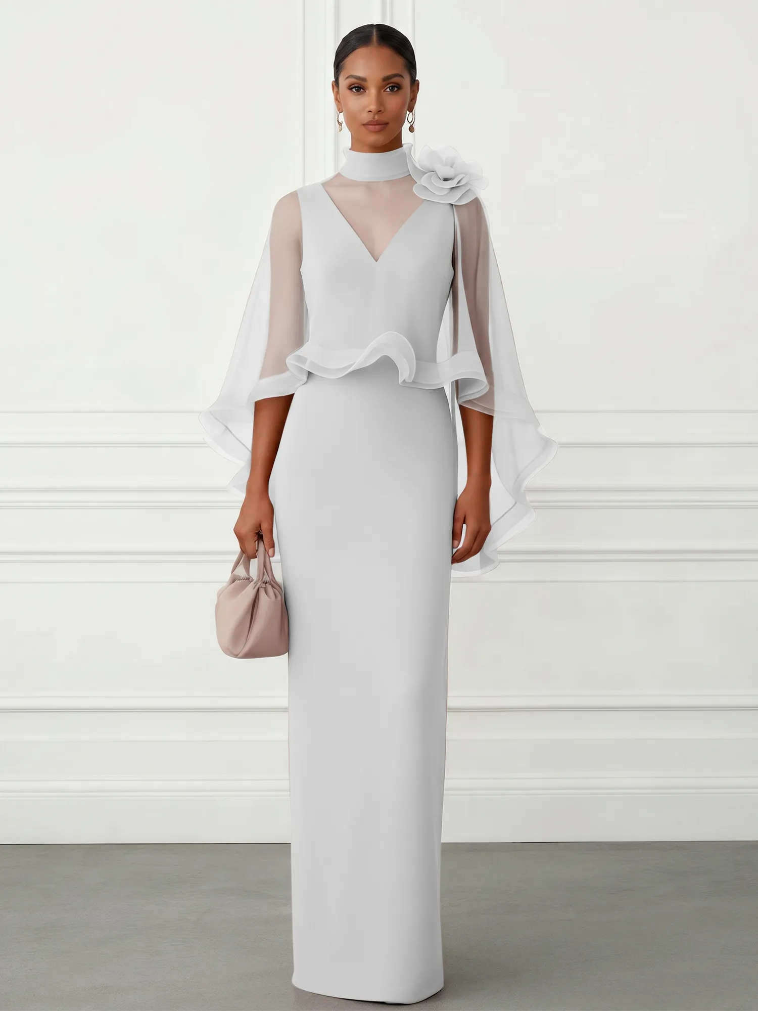 High-Neck Chiffon Cape Sleeve Sheath Evening Gown