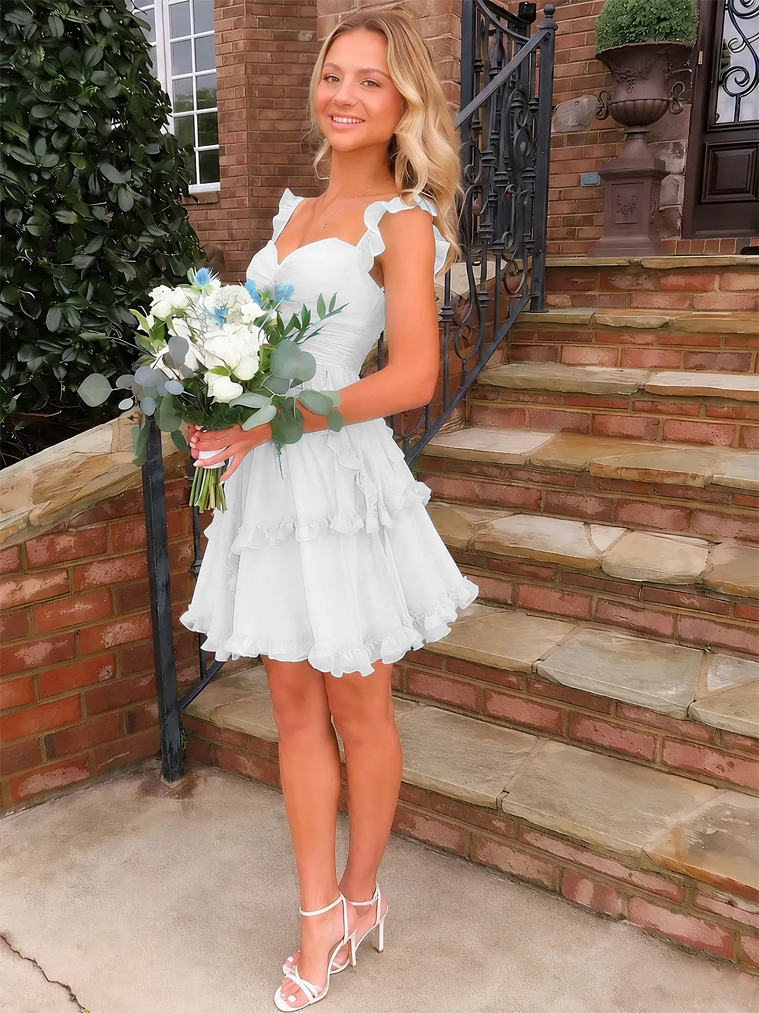 A Line Ruffled Tiered Chiffon Homecoming Dress with Lace-Up Back
