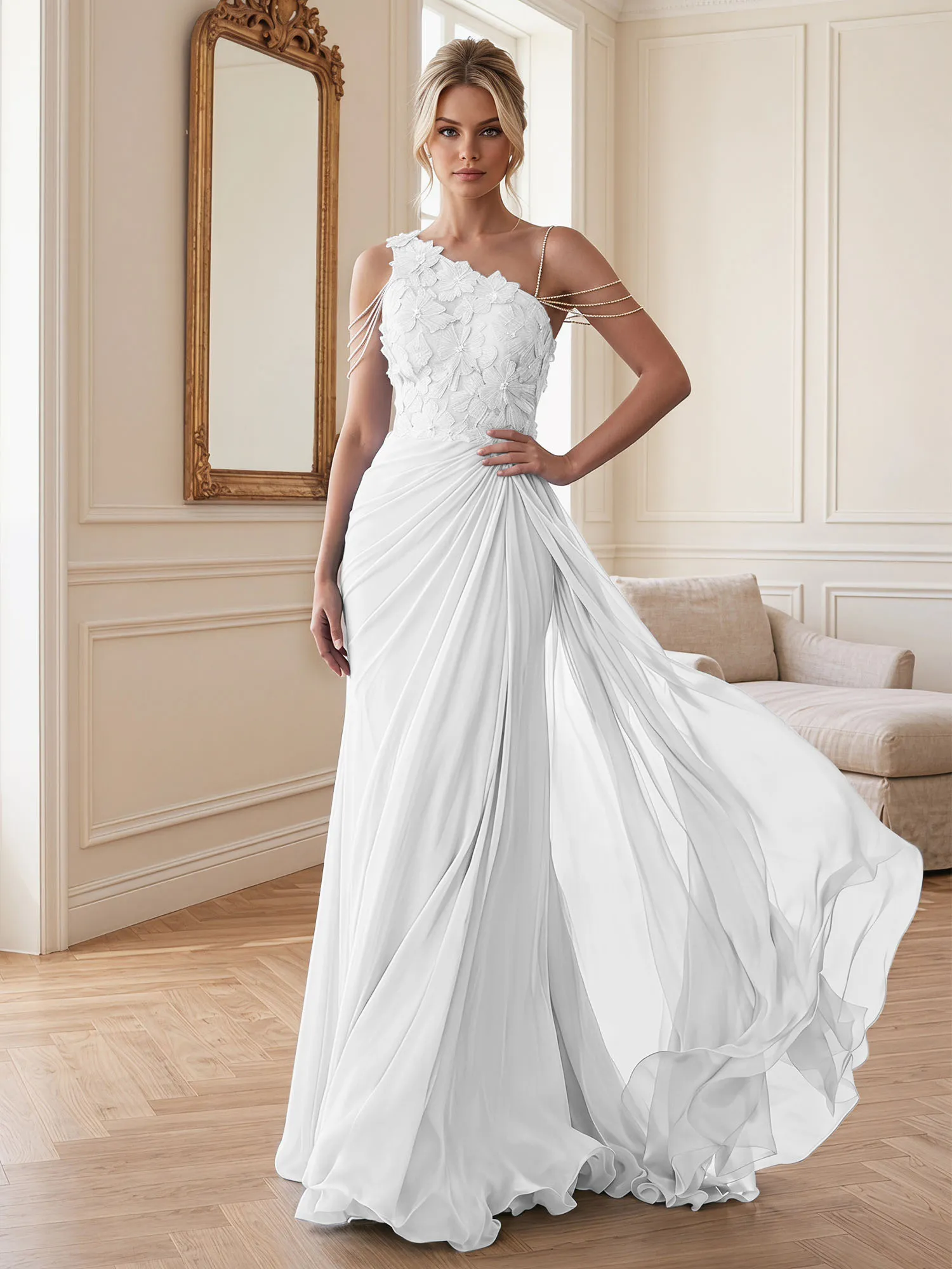 One-Shoulder Floral Lace Chiffon Evening Gown