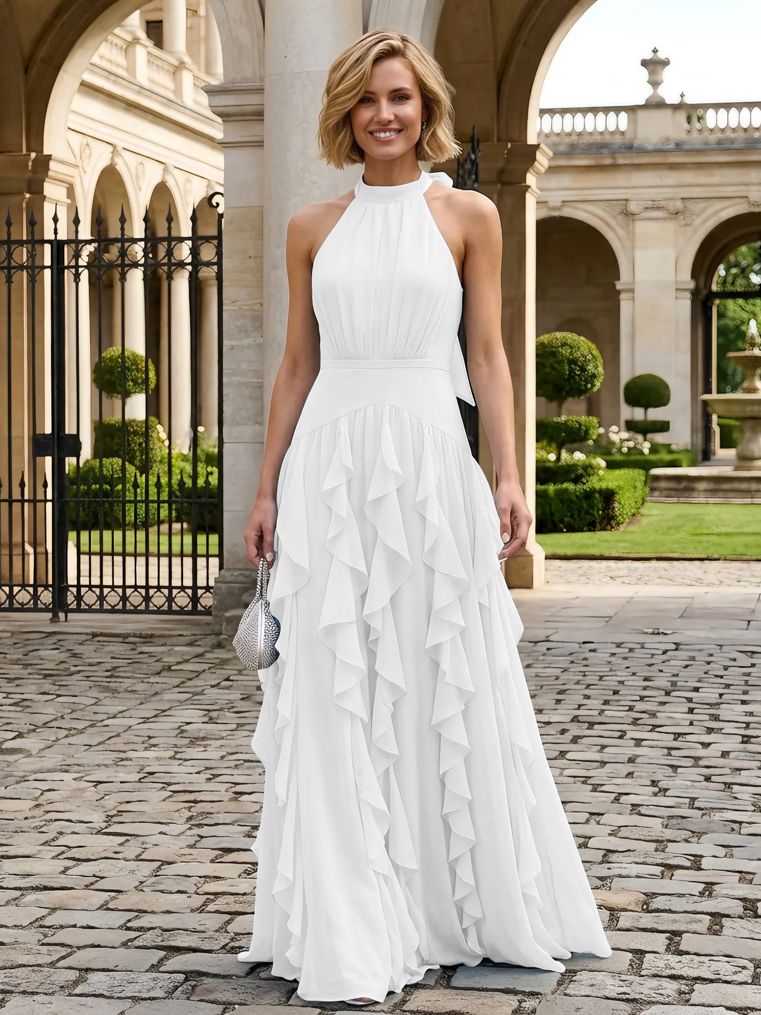 Halter Neck Ruffled Chiffon Evening Gown Maxi Dress