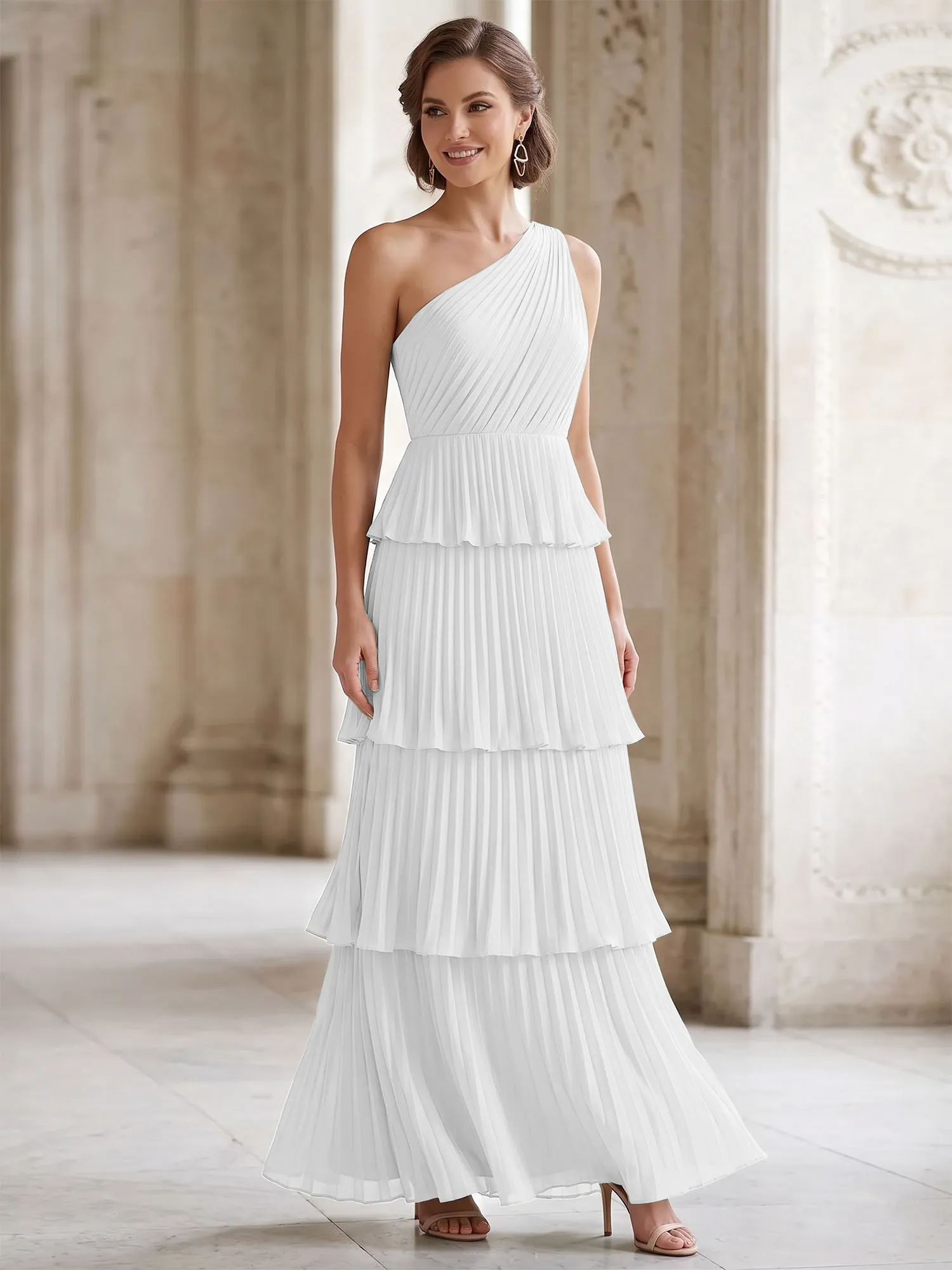 One-Shoulder Tiered Pleated Chiffon Evening Gown