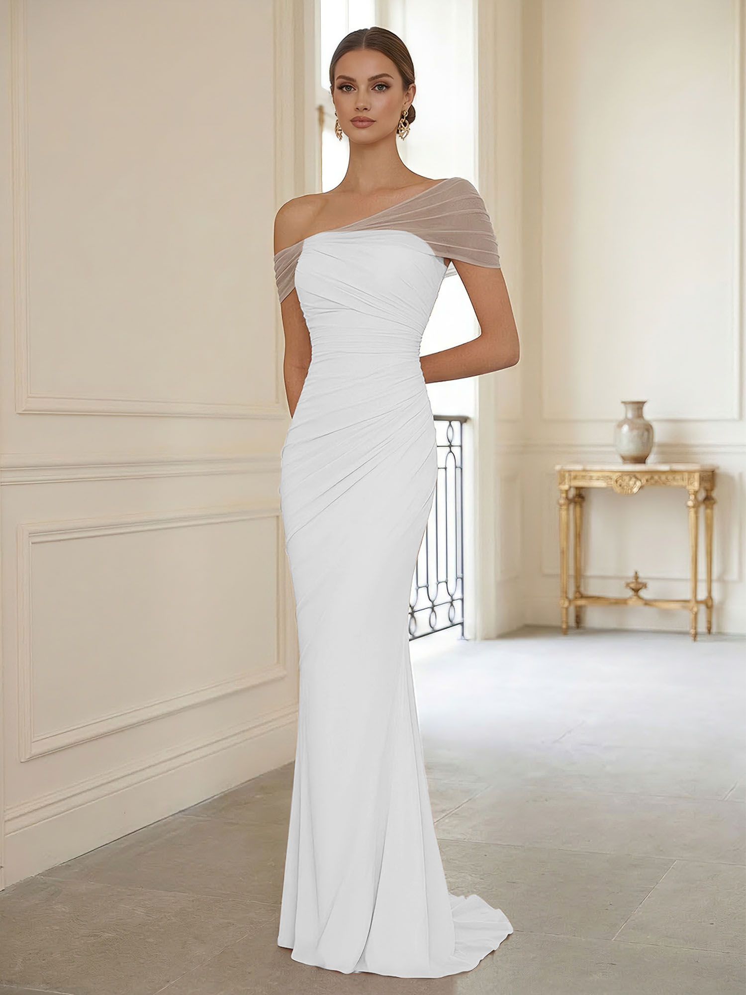 Sophisticated Blush Pink Asymmetrical Ruched Maxi Dress Evening Gown