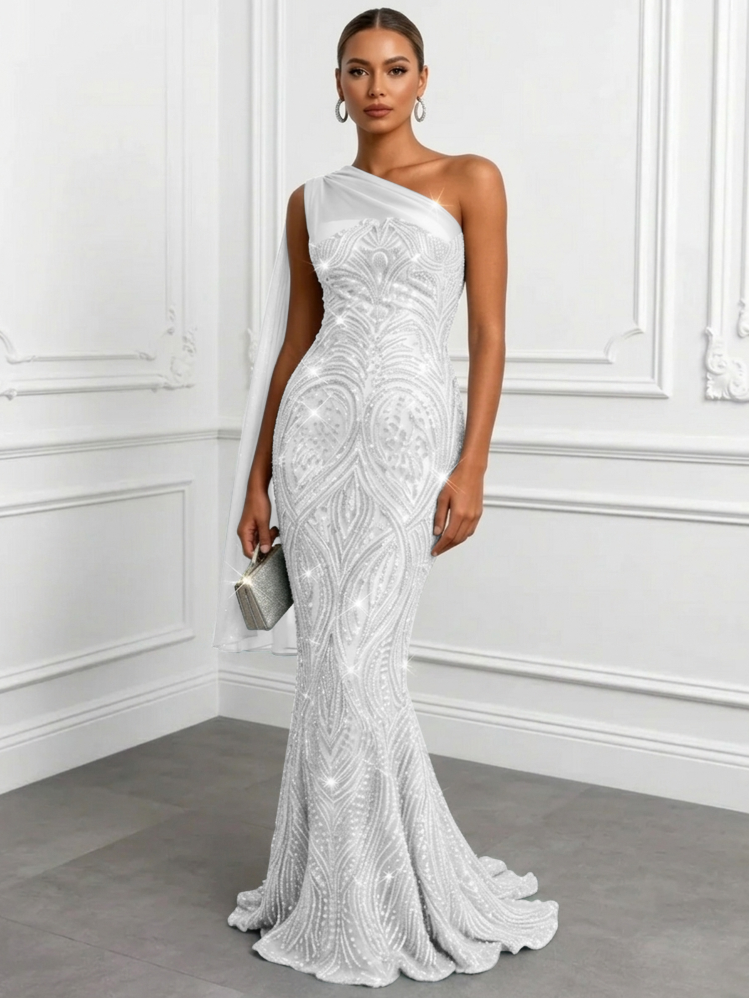 Shimmering Sage One-Shoulder Sequin Mermaid Evening Dress