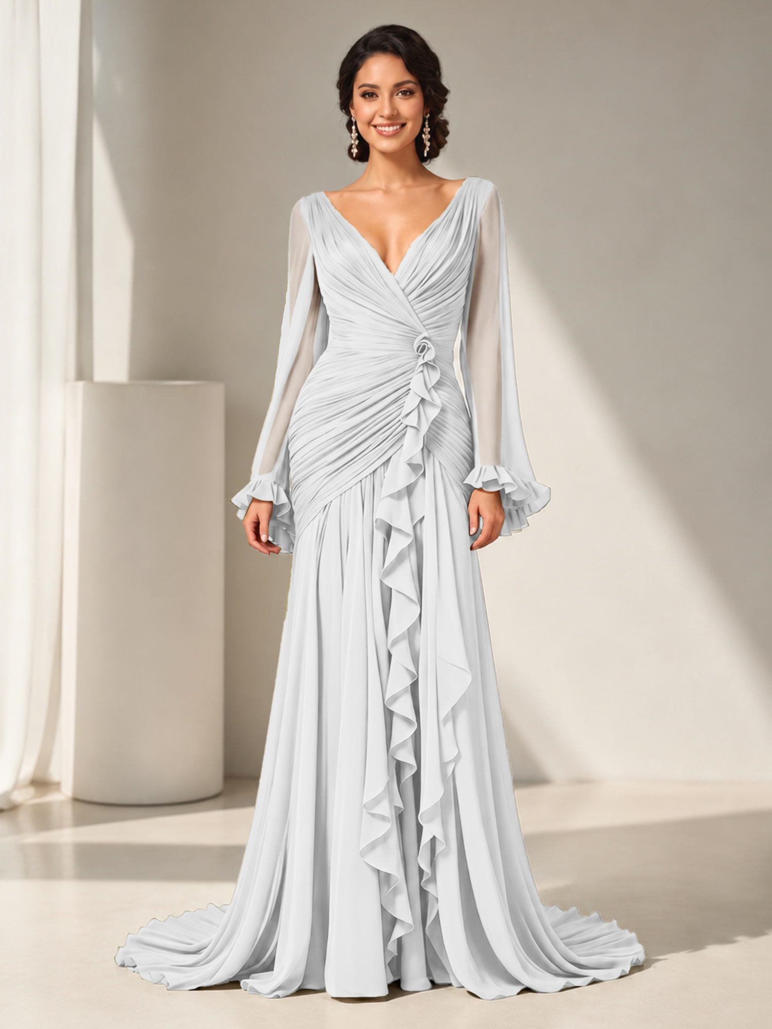 Grecian Olive Green Ruched Long-Sleeve Cascading Ruffle Formal Evening Dress