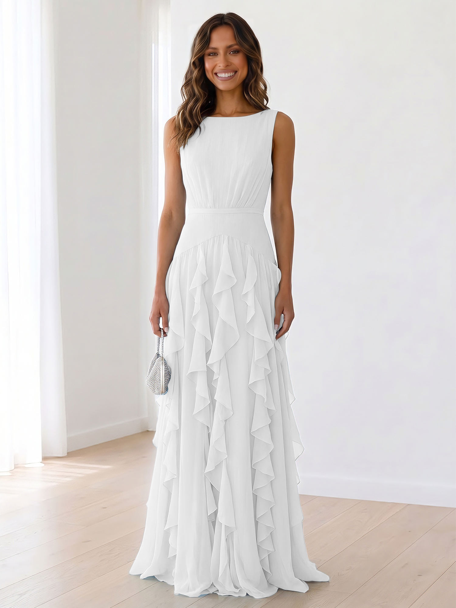 Ethereal Powder Blue Cascading Ruffle Maxi Formal Evening Dress