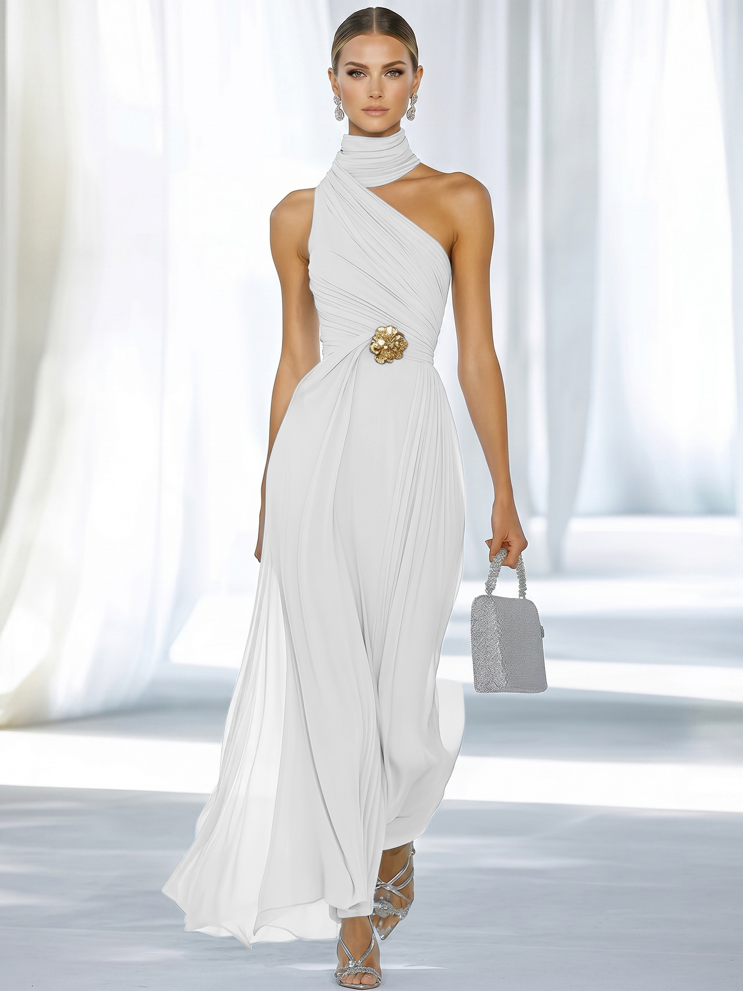 Sky Blue Pleated Chiffon Halter Strapless Formal Evening Dress