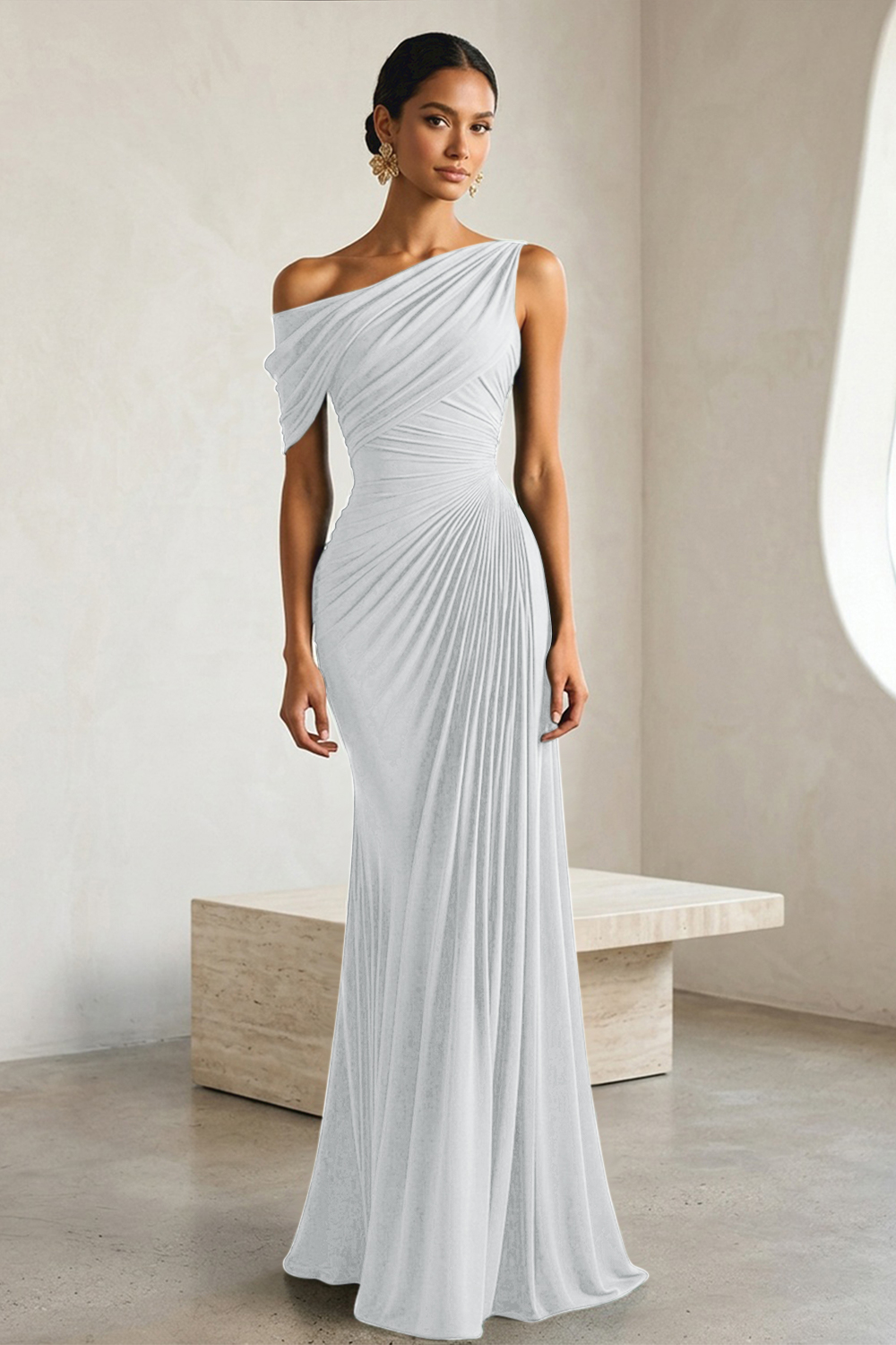 Timeless Black Architectural One-Shoulder Sheath Evening Gown