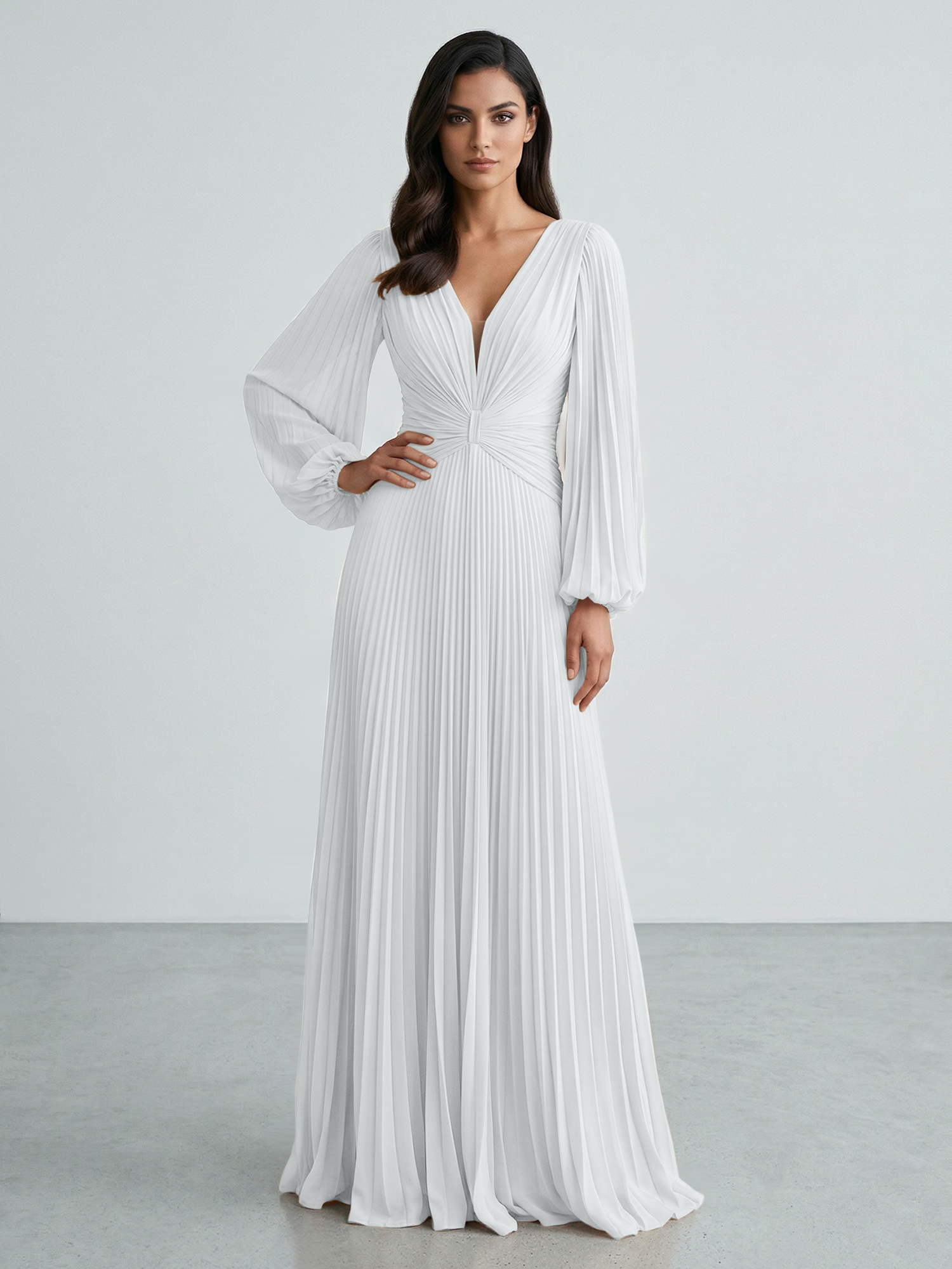 Slate Blue Plunging V-Neck Pleated Long Sleeve Maxi Dress Gown
