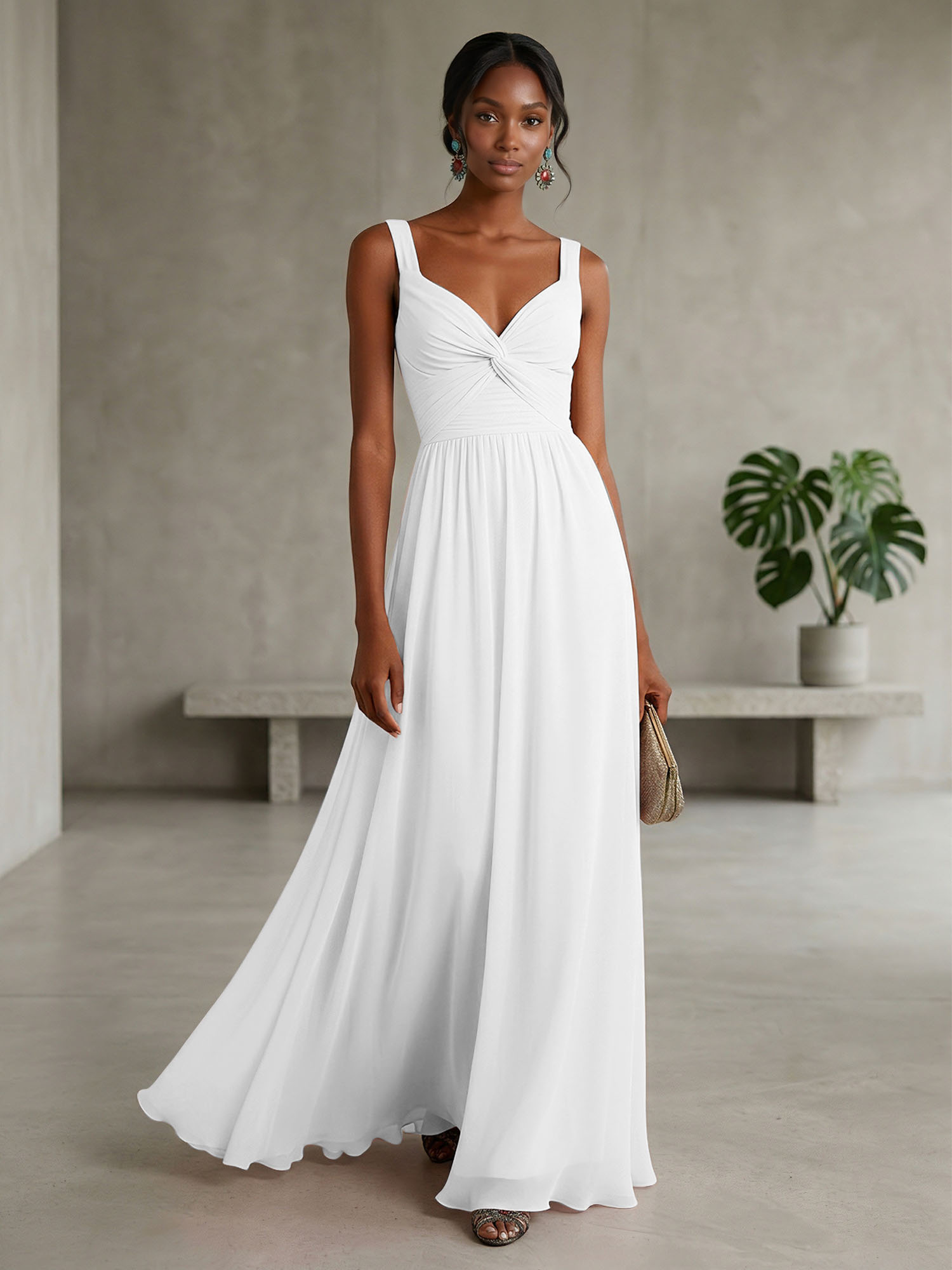 Elegant Soft Blush Twist-Front Chiffon Maxi Gown