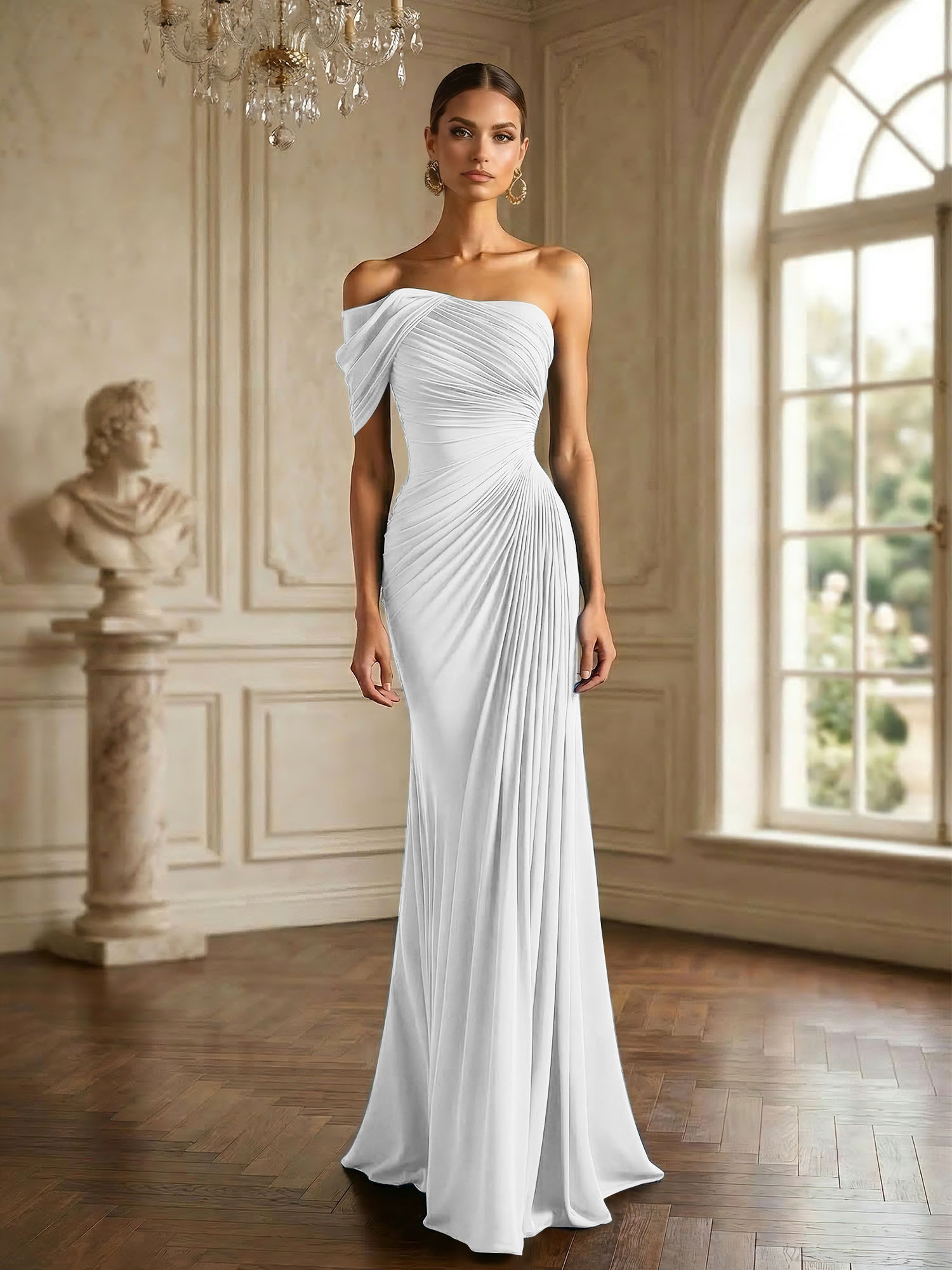 One Shoulder Pleat Mermaid Chiffon Evening Dresses for Women Gown