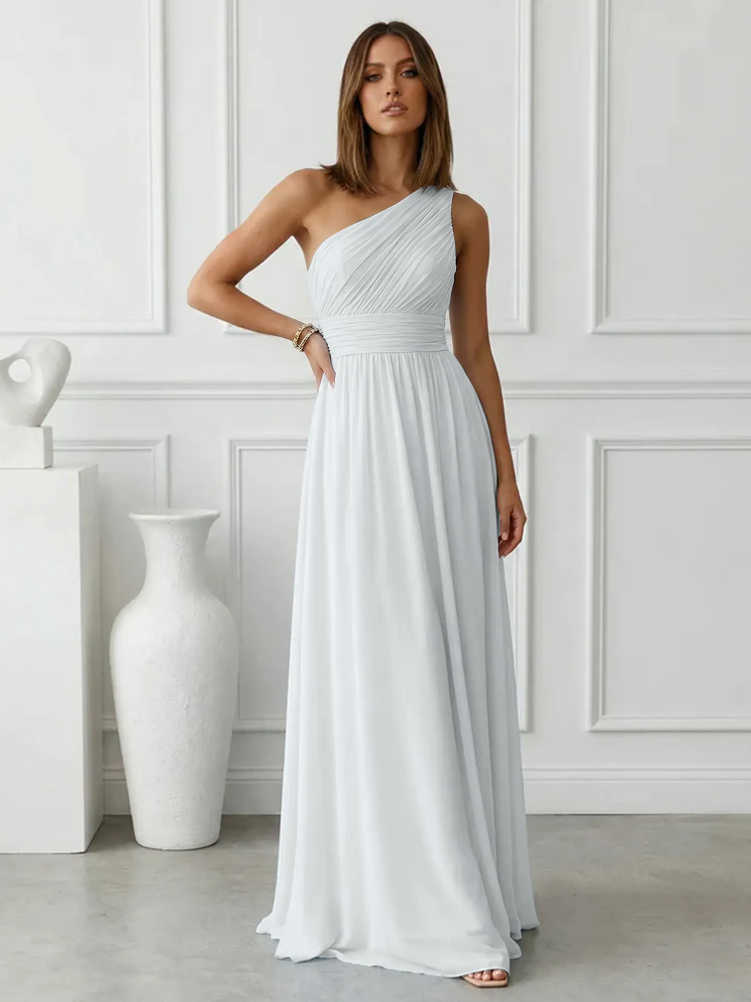 One-Shoulder Pleated Chiffon A-Line Evening Dress