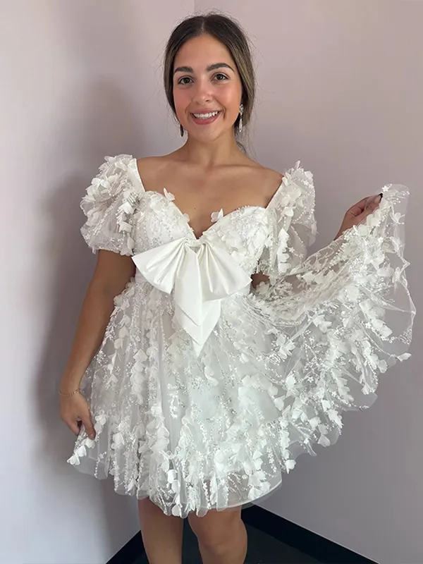A Line Puff Sleeve 3D Floral Bow Homecoming Mini Dress