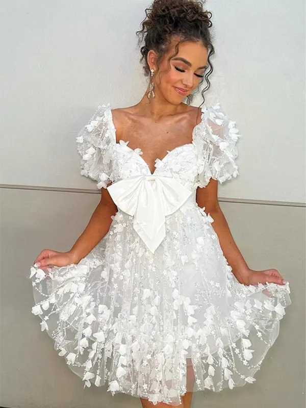 A Line Puff Sleeve 3D Floral Bow Homecoming Mini Dress