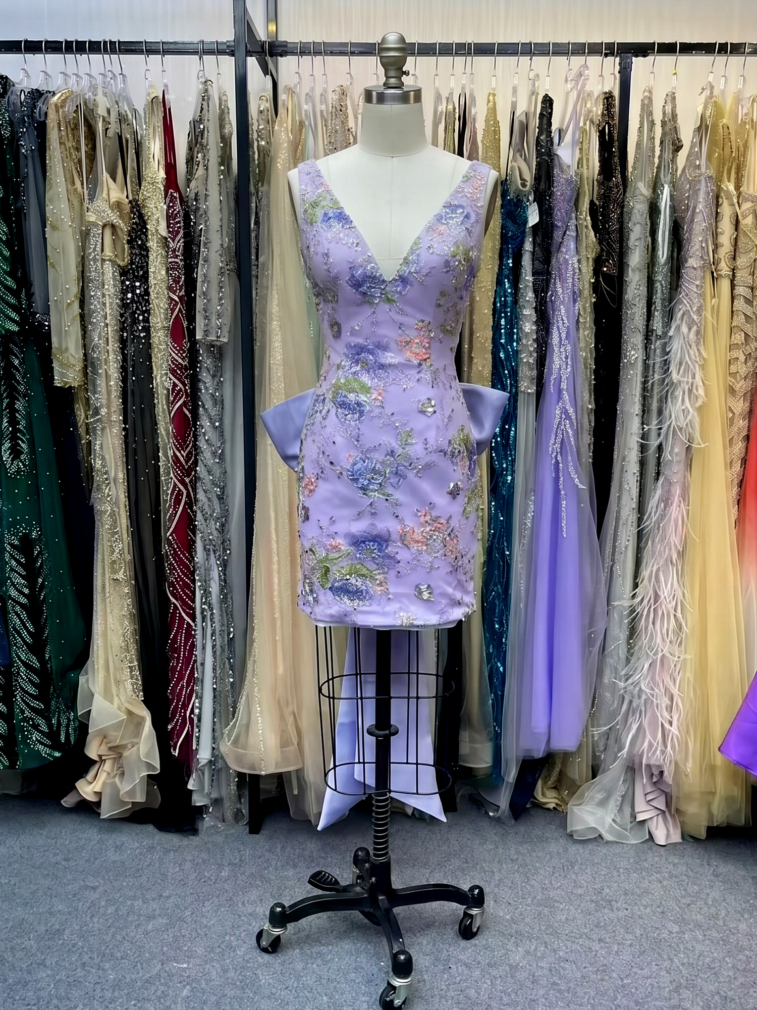 Floral Beaded Homecoming Dress with Oversized Pink Bow