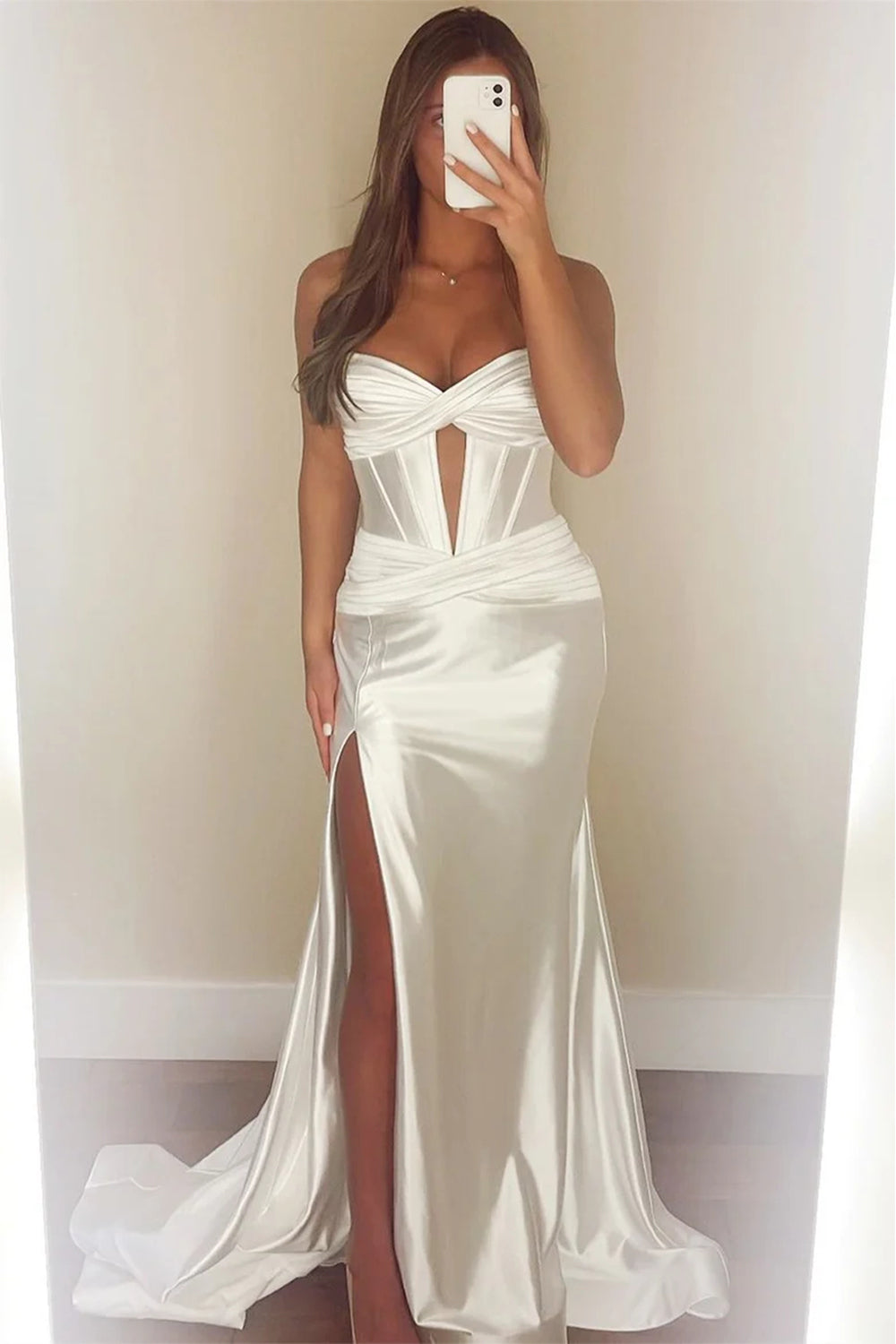 Black Mermaid Strapless Keyhole Satin Long Prom Dress with Slit