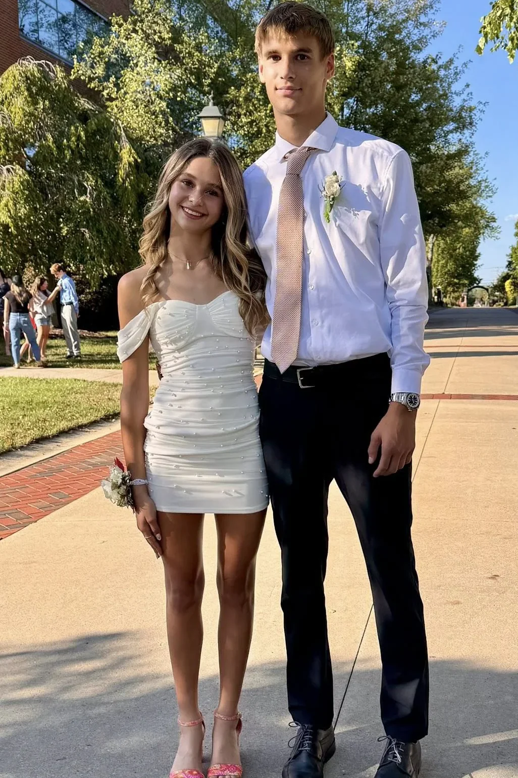 Ethereal White Pearl-Embellished Homecoming Dress