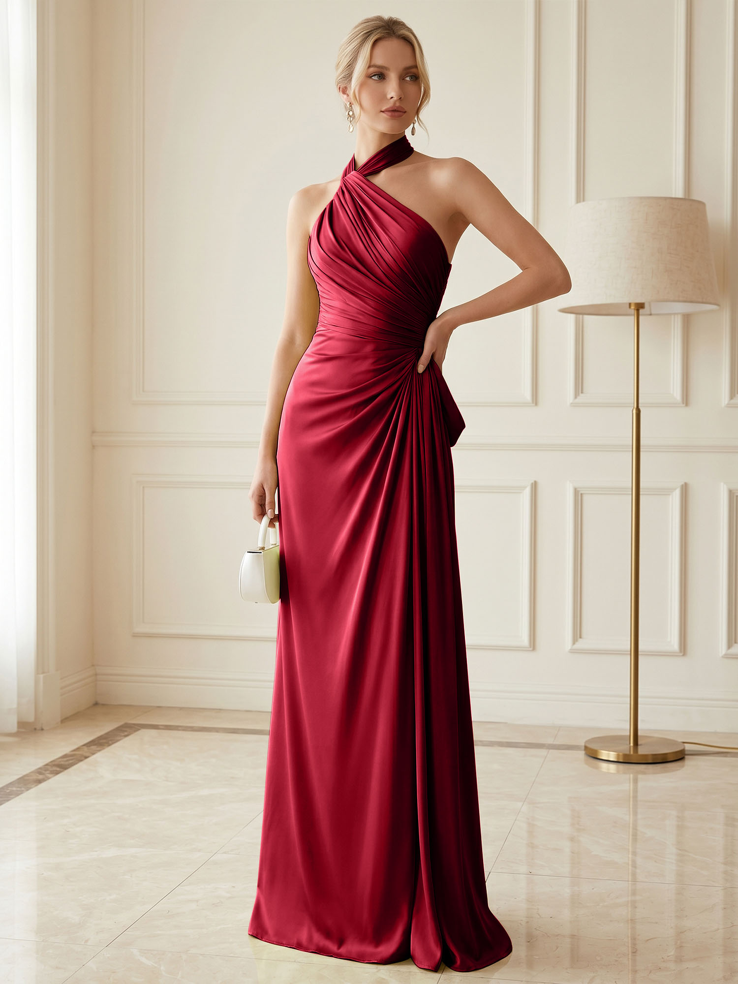 Chartreuse Glow Ruched Halter Satin Evening Dress