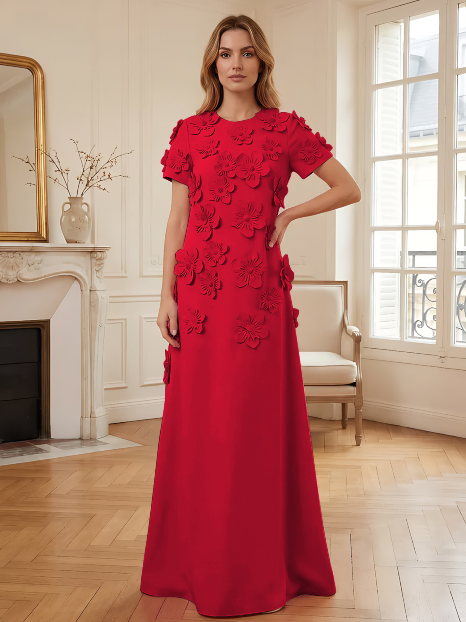 3D Floral Applique Short-Sleeve Column Evening Gown