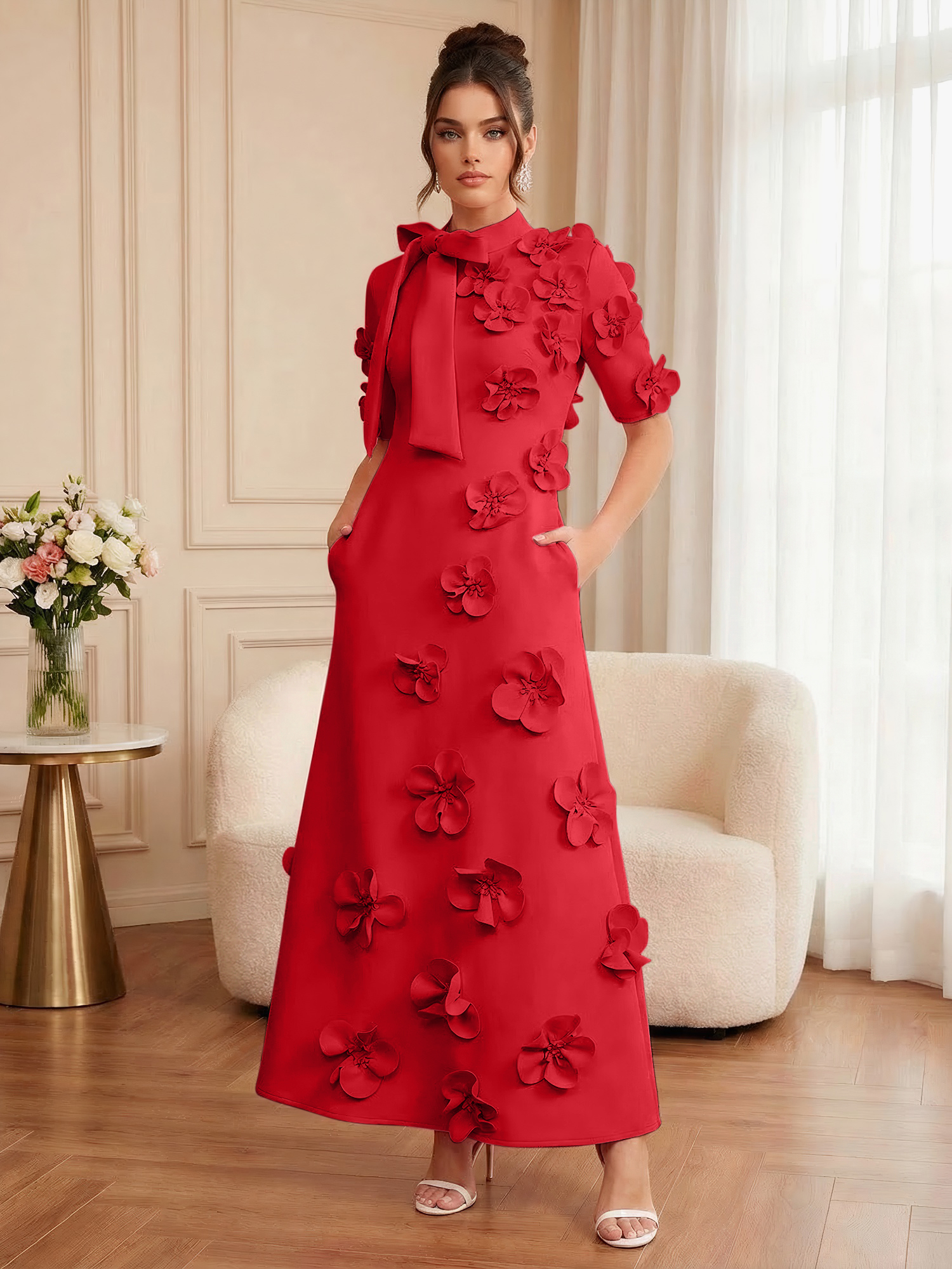 Pink Short Sleeve 3D Floral Maxi Dress Gown