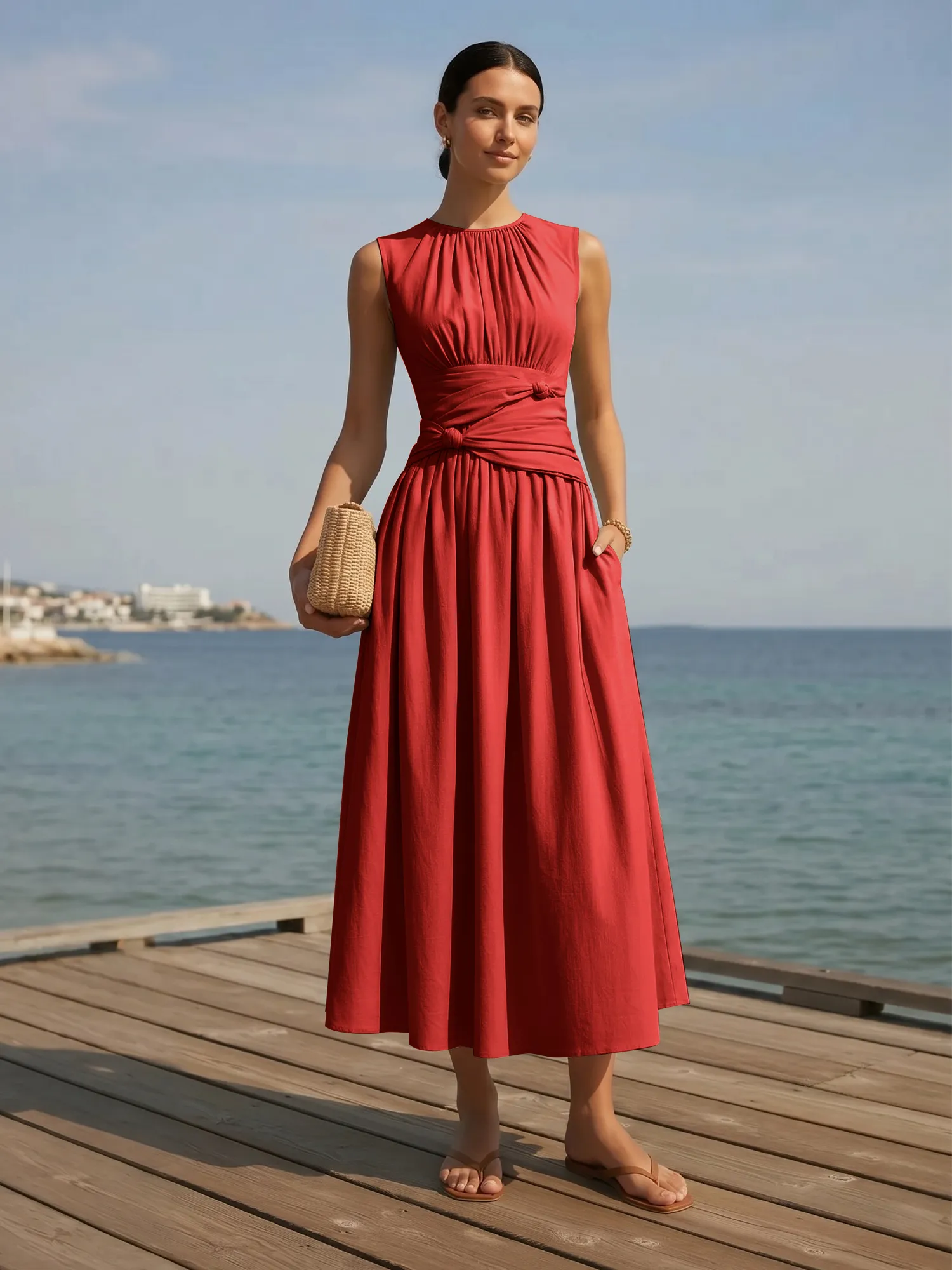 Sleeveless Round Neck Waist-Knot Midi Evening Dress