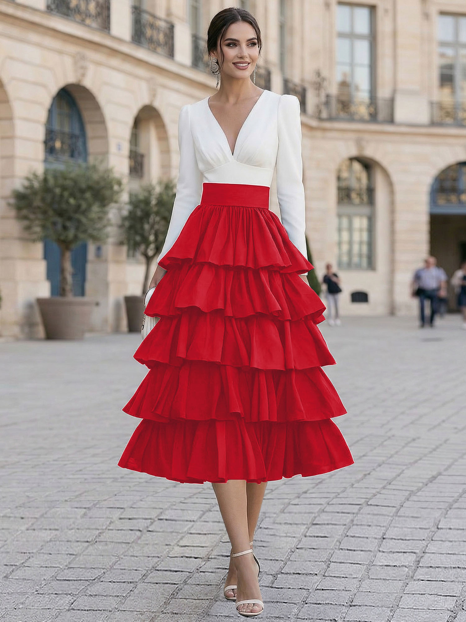 Elegant V-Neck Long Sleeve Tiered Ruffle Midi Dress with Contrast Waistband