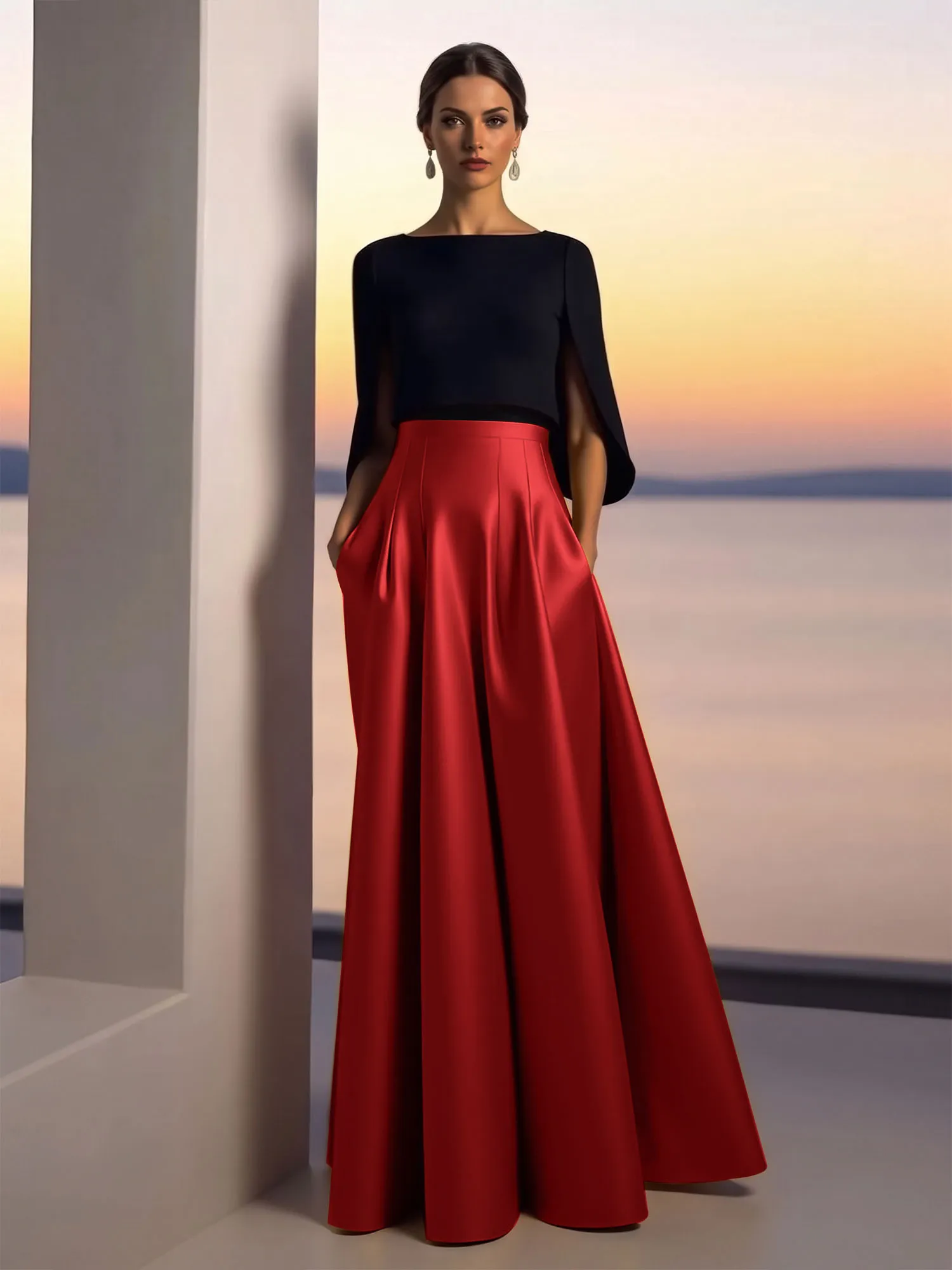 Two-Piece Cape Sleeve Satin Ball Gown Evening Dress