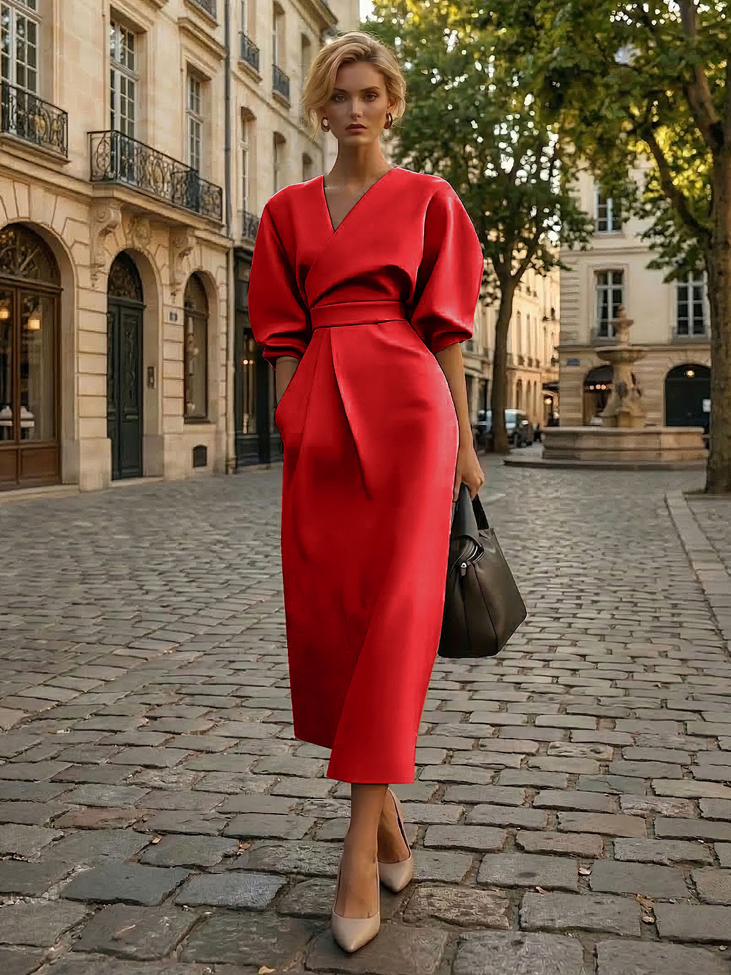 Sophisticated Camel V-Neck Balloon Sleeve Midi Dress Evening Gown