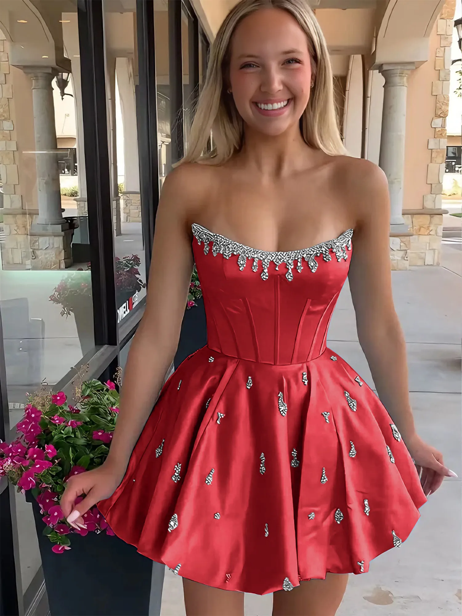 Strapless Beaded Corset Lace-Up Back Satin Homecoming Dress