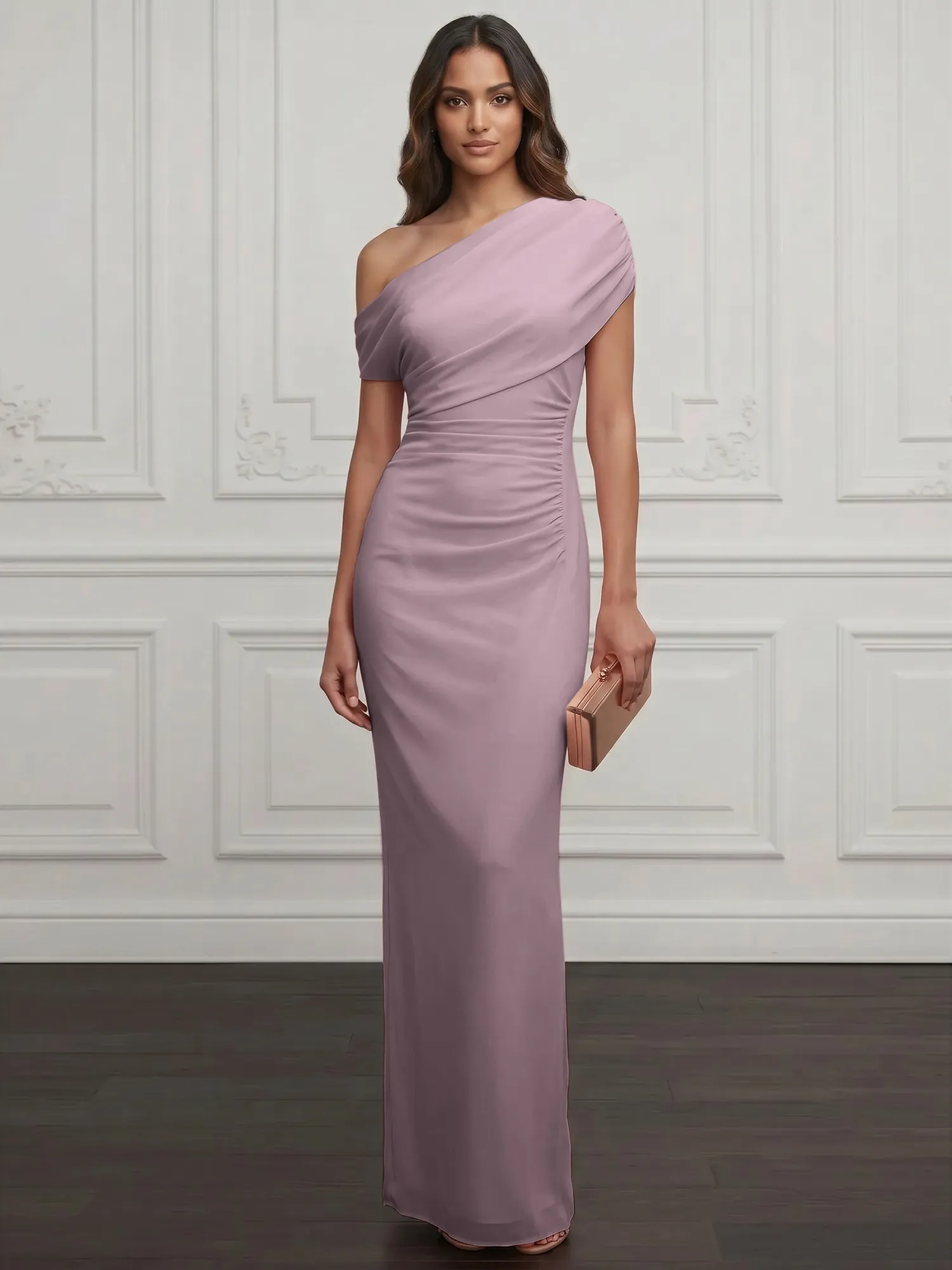 One-Shoulder Draped Chiffon Evening Gown