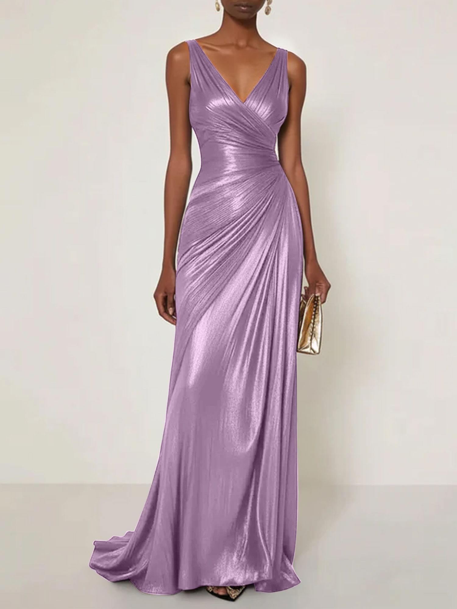 Evening Formal Dress V Neck Silk Ruffles Maxi Dress Gown